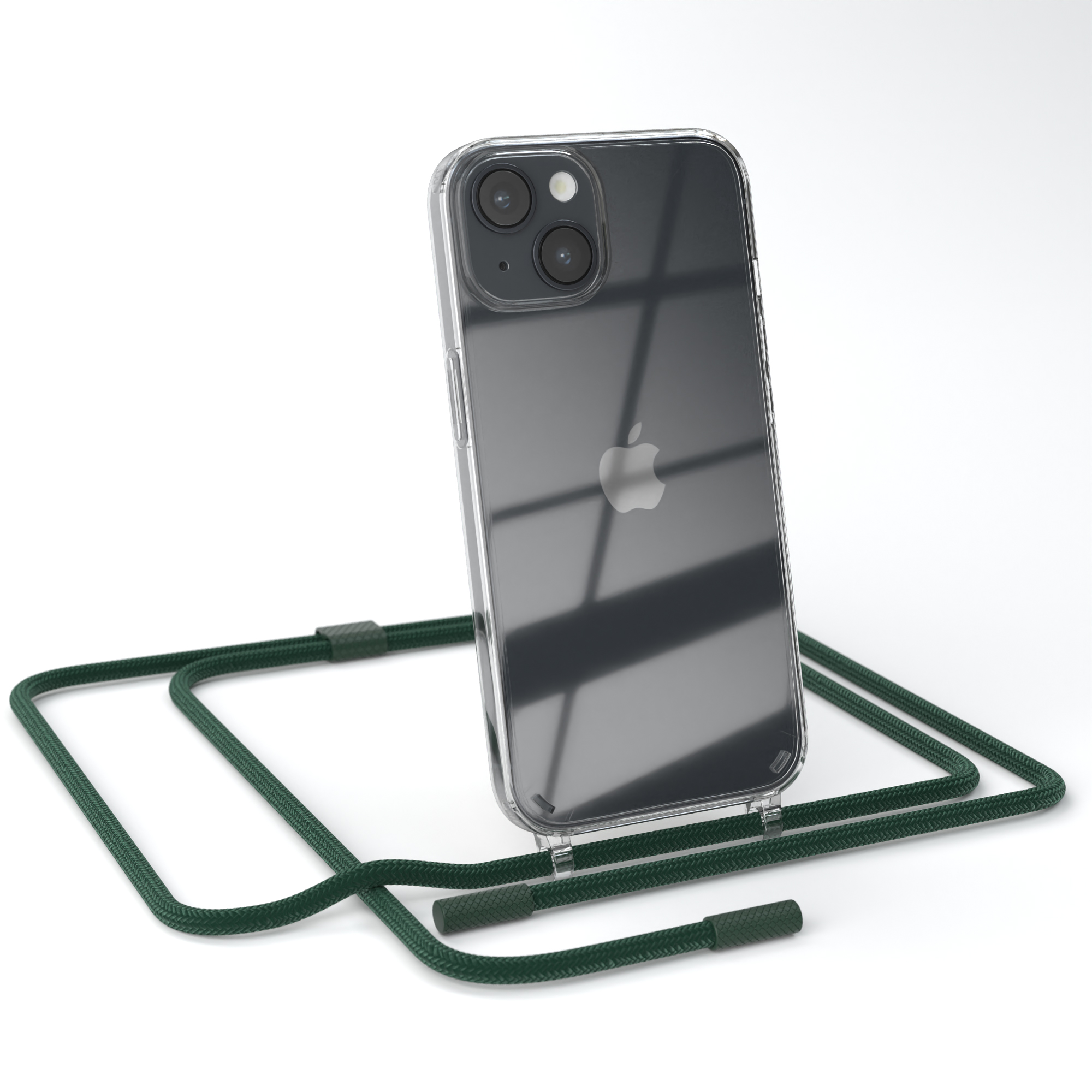 Transparente Handyhülle auf iPhone 13 mit grünem Handygurt, isoliert auf weißem Hintergrund.