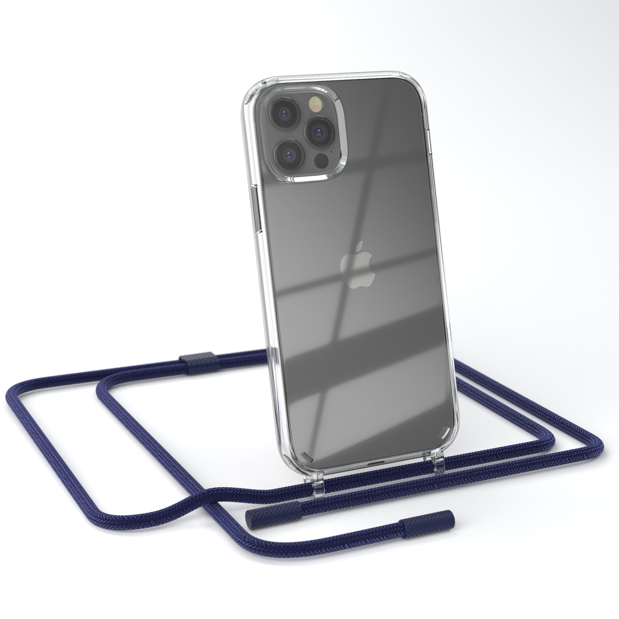 Transparente Handyhülle mit marineblauem Lanyard, zeigt ein Telefon mit mehreren Kameras.