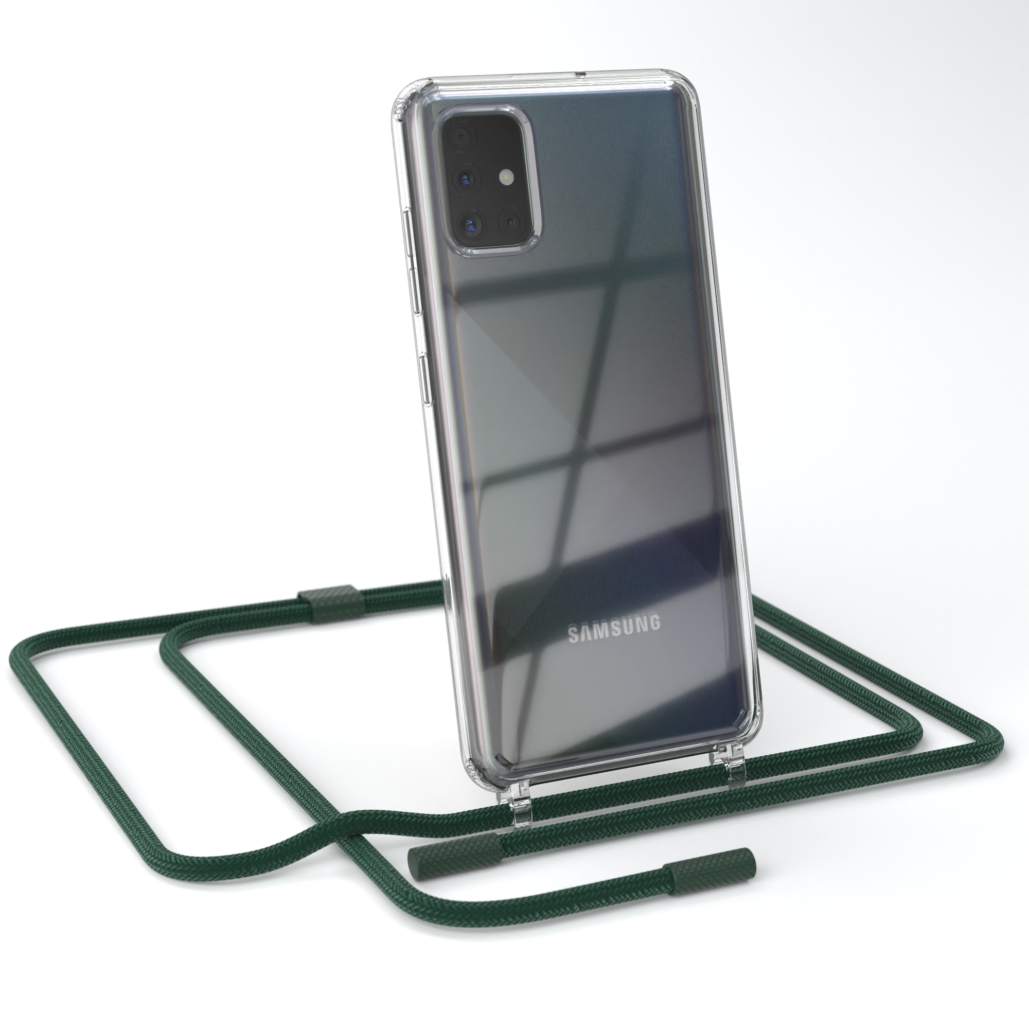 Transparente Handyhülle auf einem Telefon. Dunkelgrünes Umhängeband. Kameralinsen sind sichtbar.