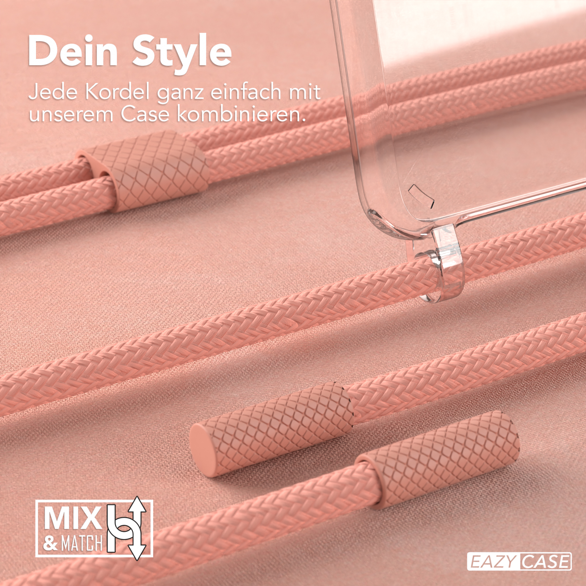 Nahaufnahme von rosa Handykordeln und einer durchsichtigen Handyhülle mit Logo.