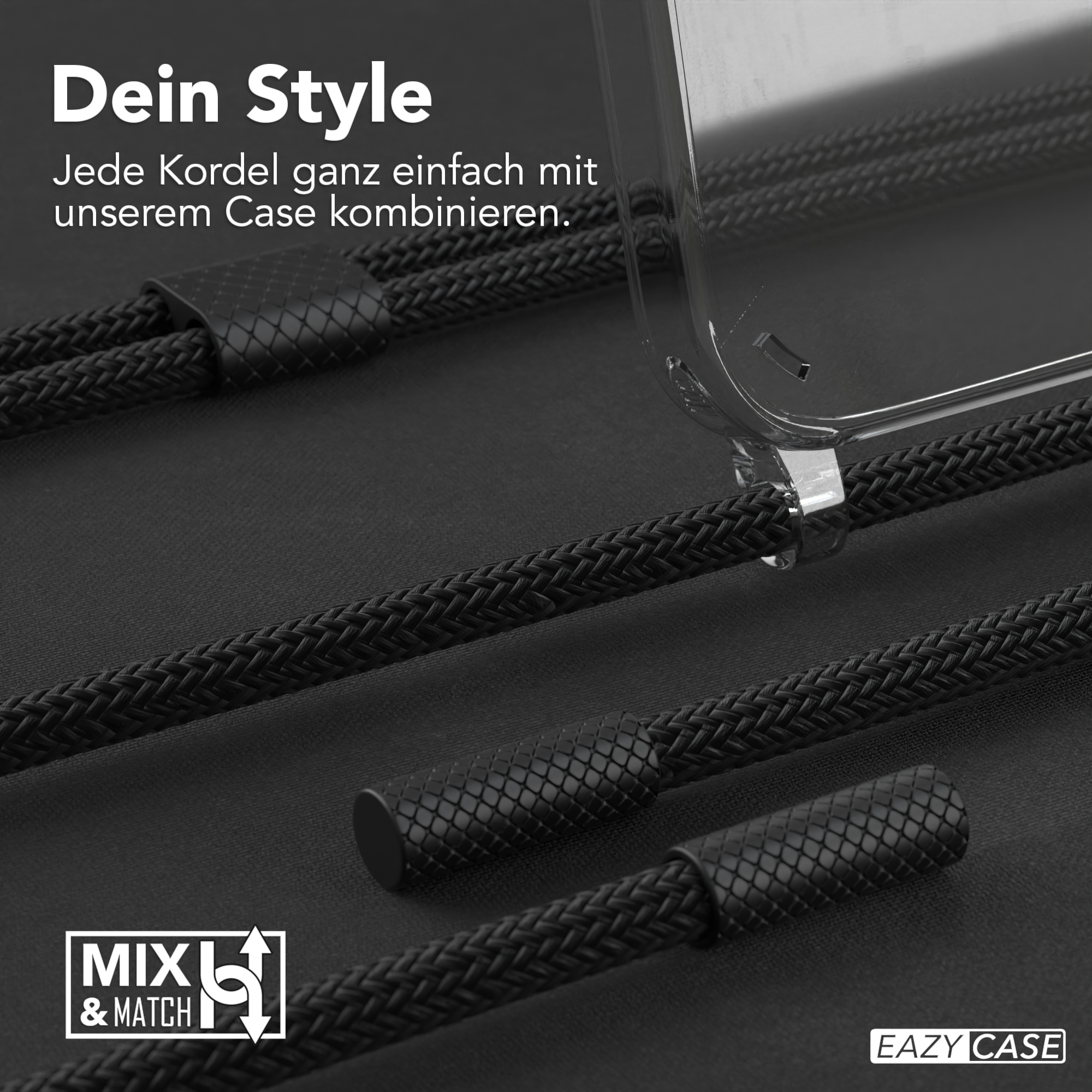 Schwarze Telefonkordeln auf schwarzem Hintergrund mit Text 'Dein Style'.