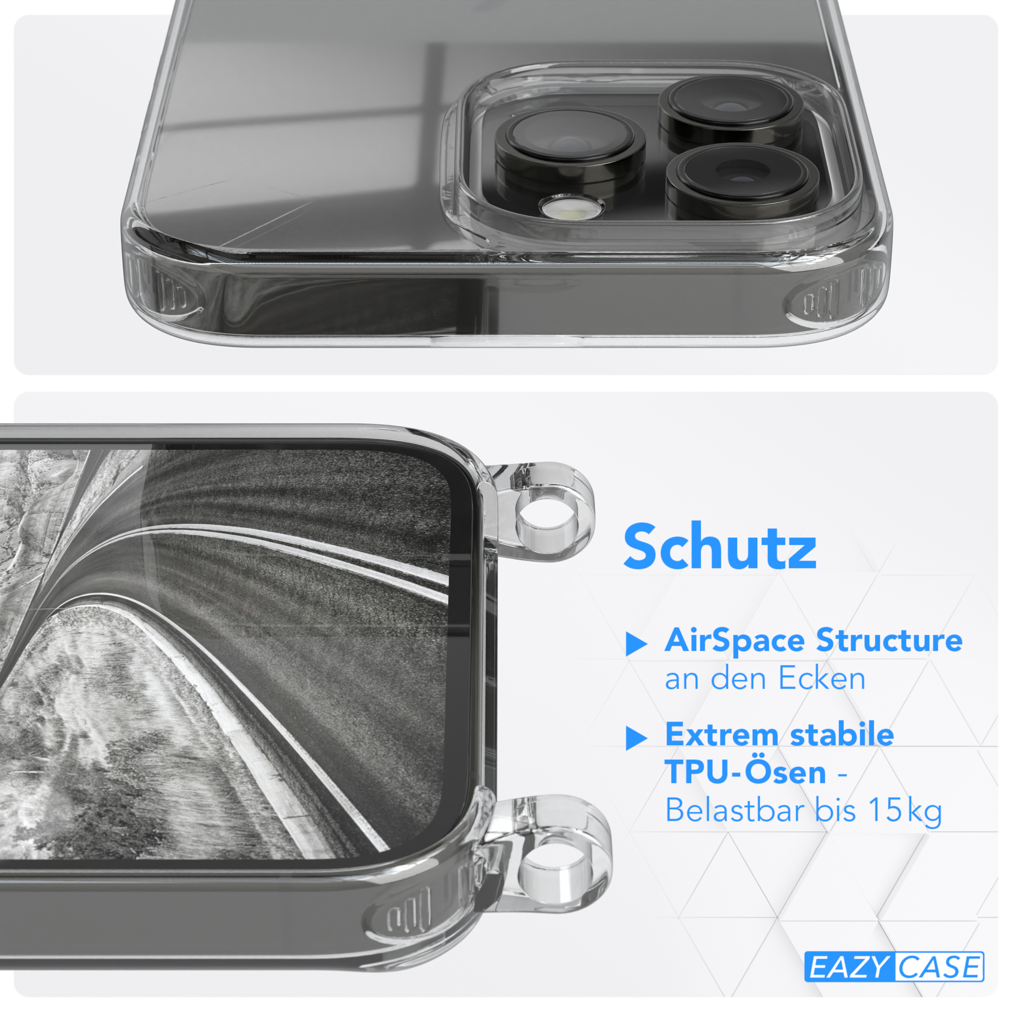 EAZY CASE Transparente iPhone Schwarz Umhängetasche, mit Handyhülle Kette Max, Pro Apple, runder unifarbend, 14