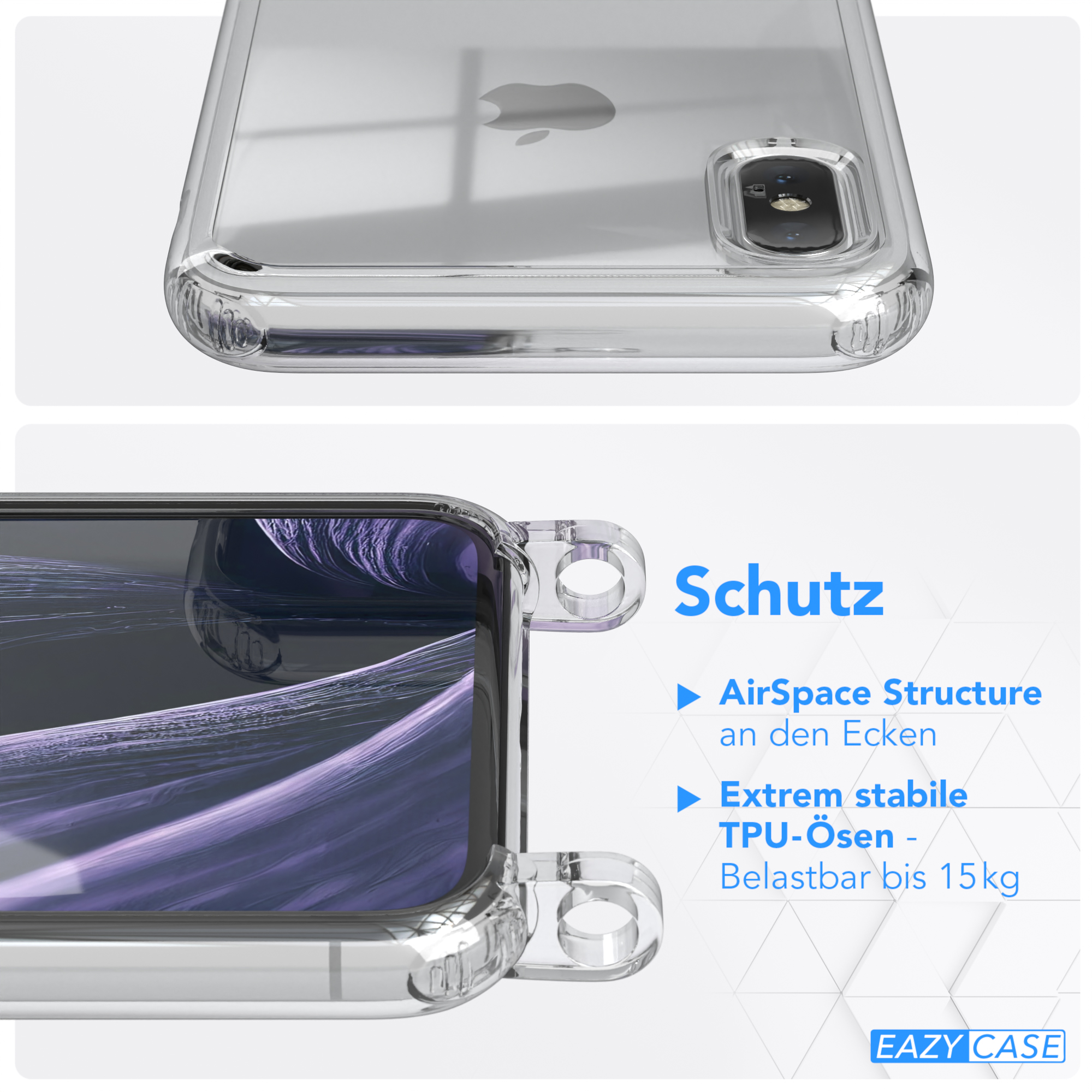 Transparente Handyhülle mit Telefon. Text: 'Schutz'. Weißer Hintergrund.