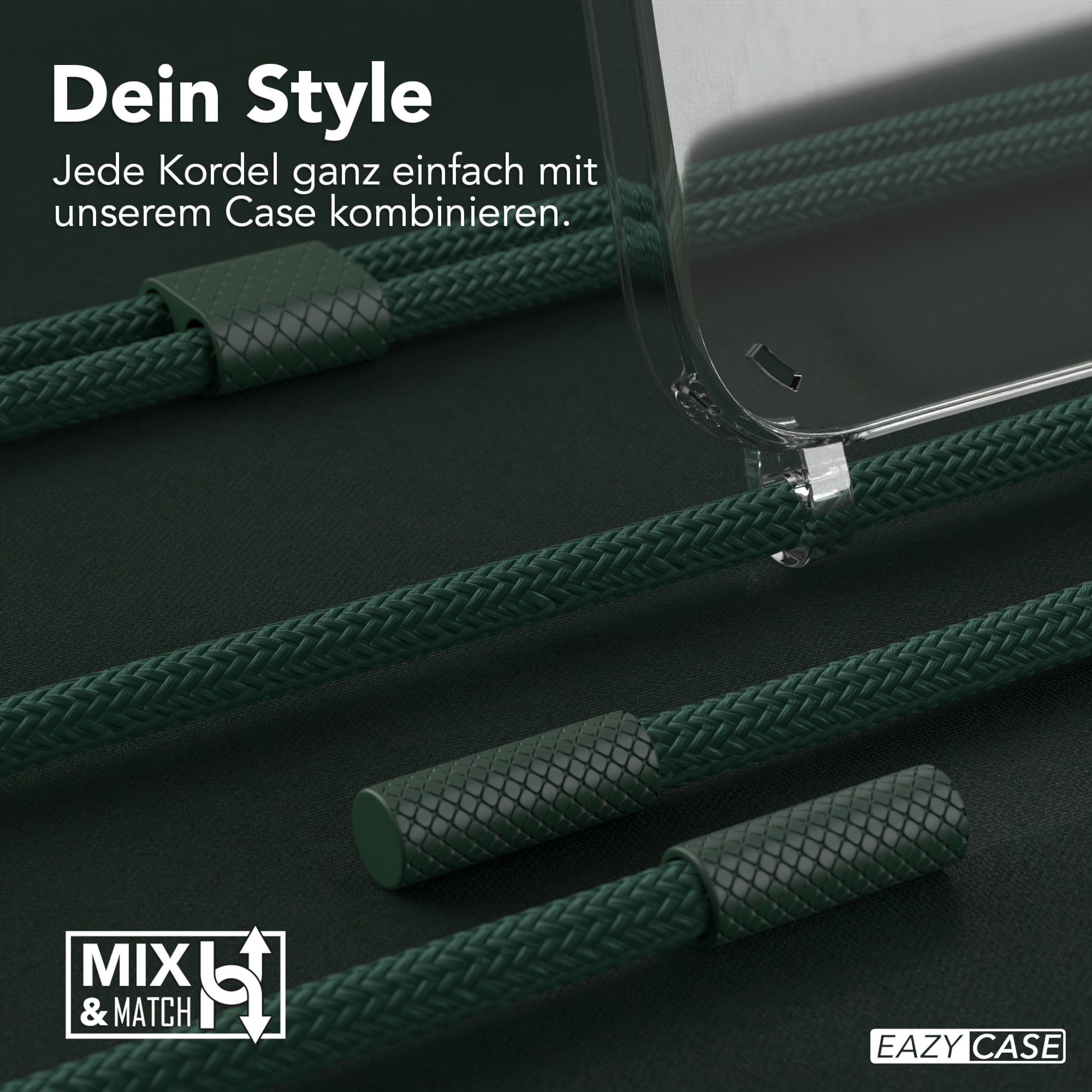 Grüne Handyhülle mit grünen Kordeln und eine transparente Handyhülle.