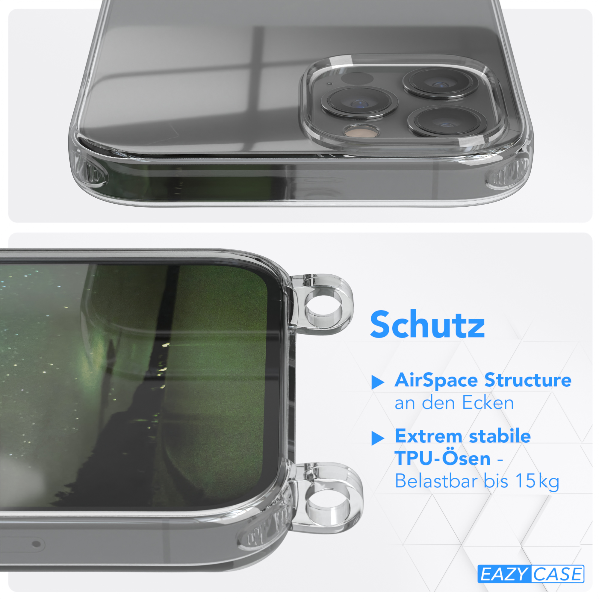 Transparente Handyhülle mit Detailaufnahme. Weißer Hintergrund.