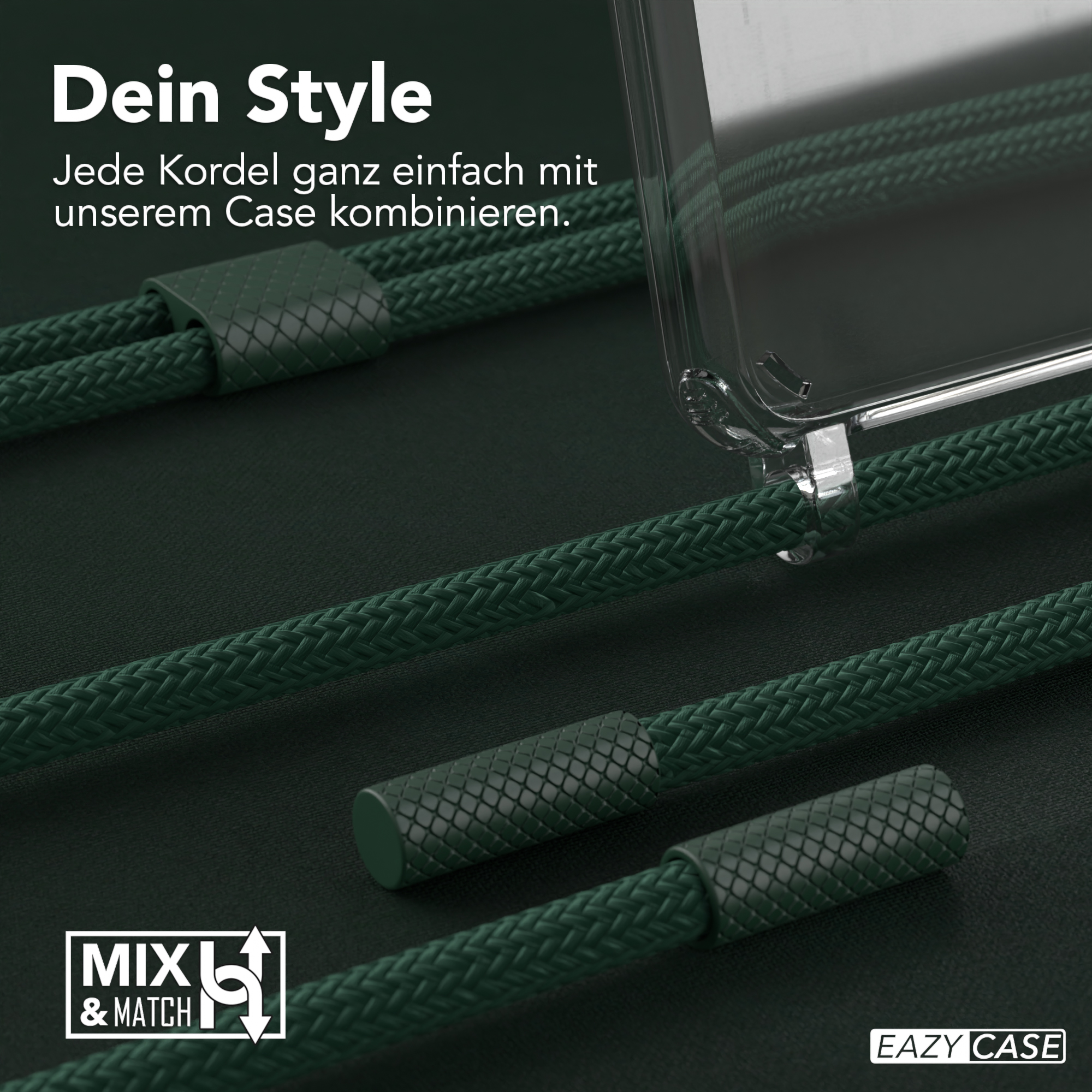 Nahaufnahme von grünem Kordel und klarer Handyhülle mit Text 'Dein Style'.