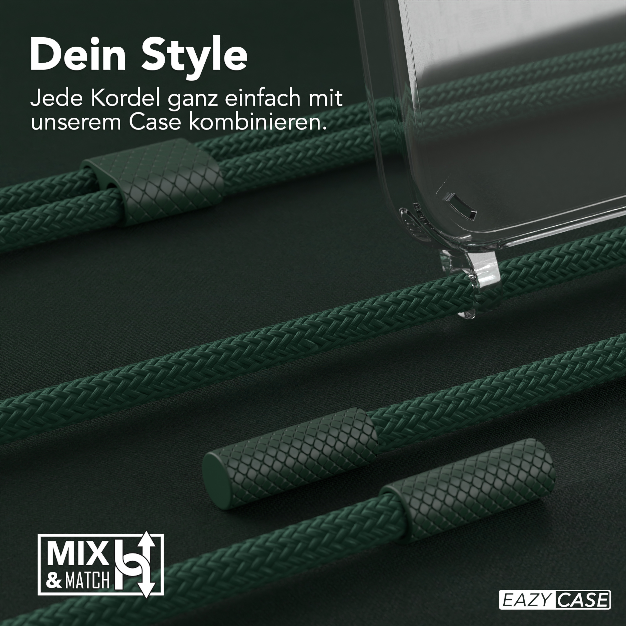 Grüne Kordeln und Handyhülle. Dunkelgrüner Hintergrund, Markenlogo.