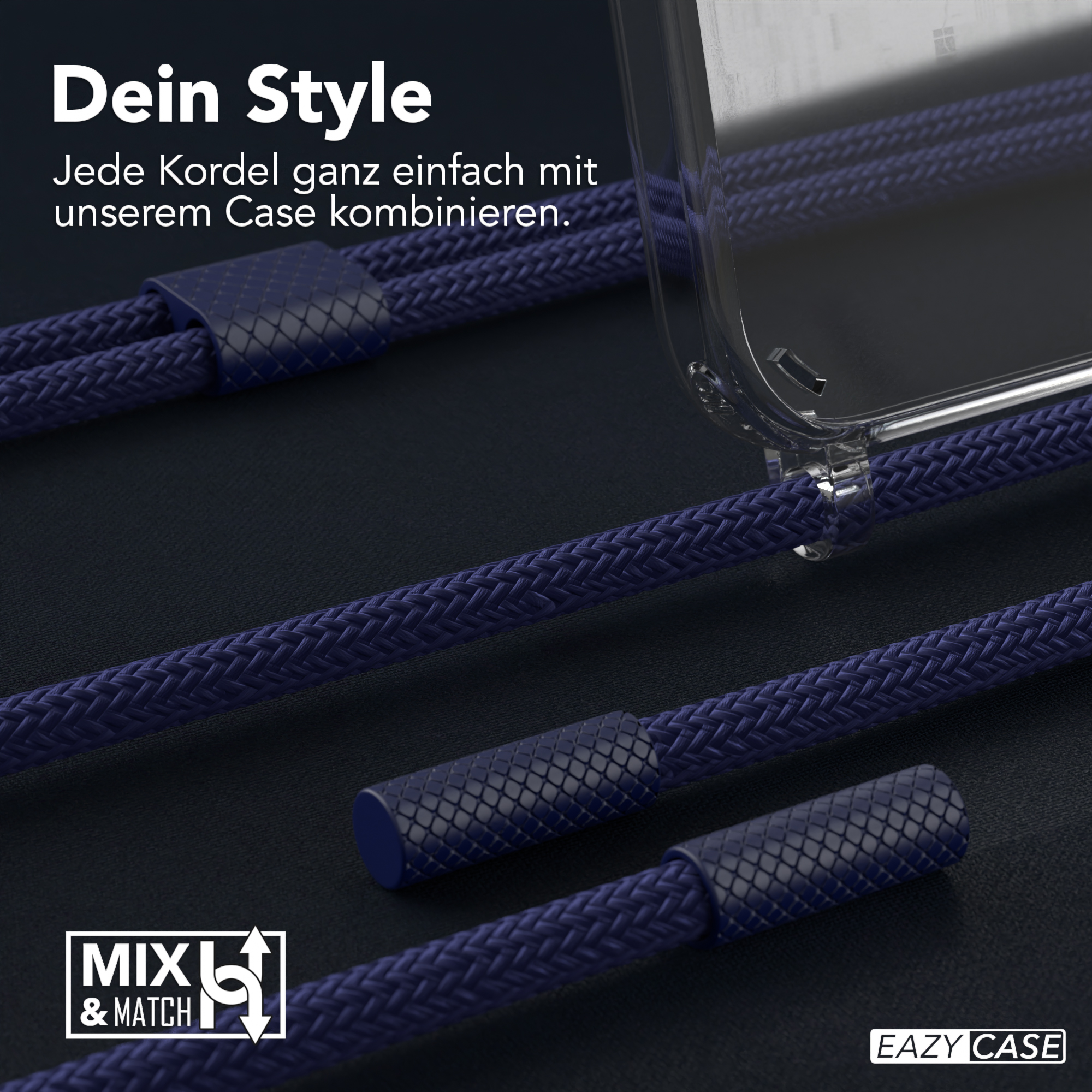 Nahaufnahme von blauen geflochtenen Kordeln mit einer Handyhülle, mit dem Logo 'MXL & MATCH'.