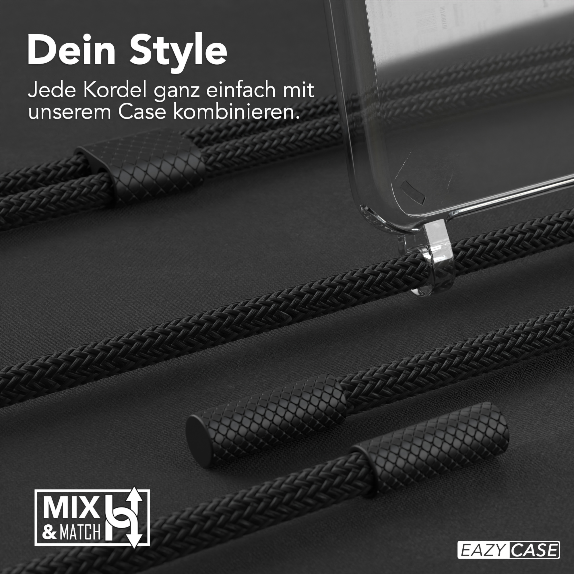 Schwarzes Telefonkabel und transparente Handyhülle. Nahaufnahme von Kabel und Hülle.