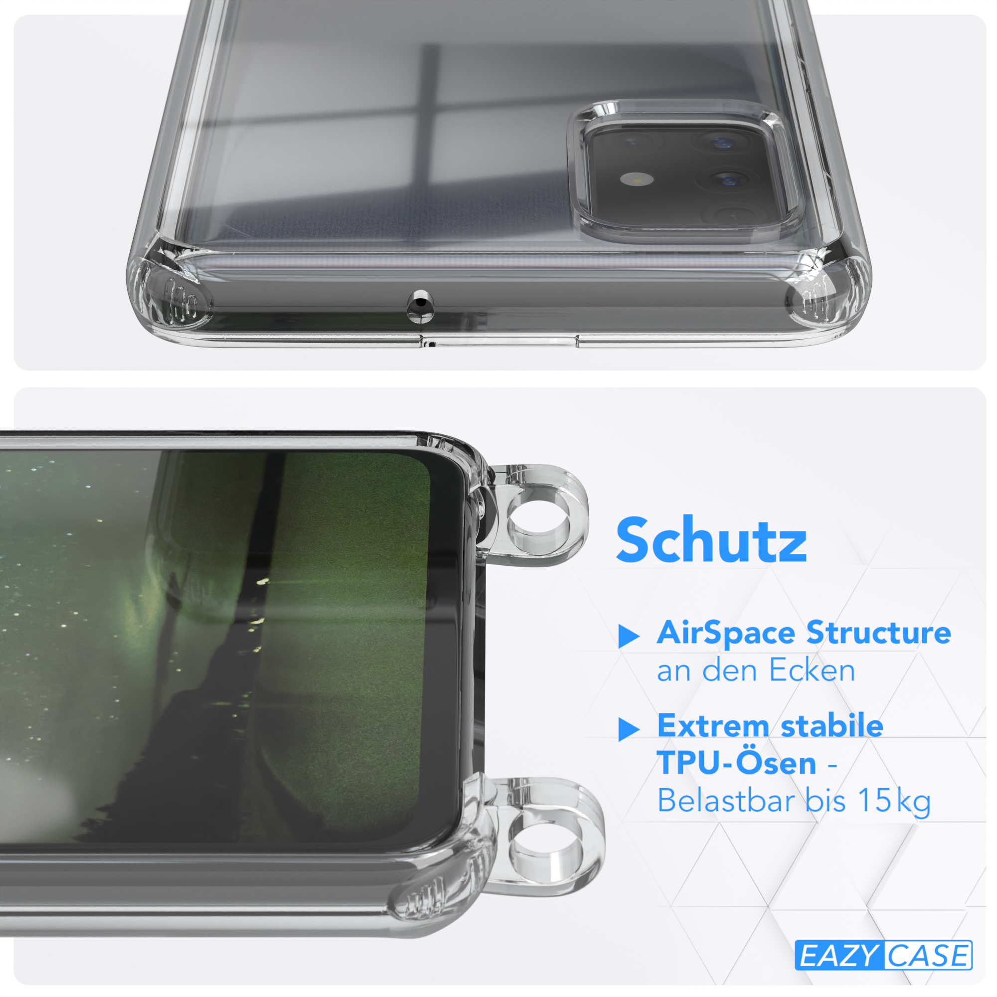 Transparente Handyhülle mit Text. Zeigt AirSpace Structure und TPU-ösen -Belastbar bis 15kg.