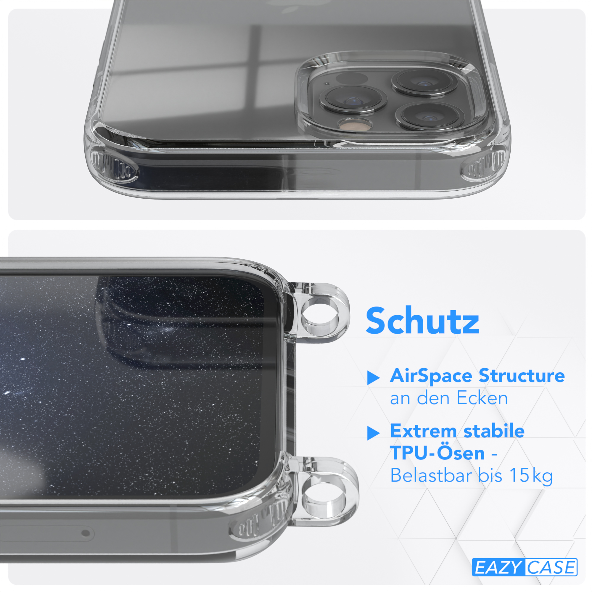 Nahaufnahme einer Handyhülle mit klarem Design, Schutzfunktionen und Markenlogo.