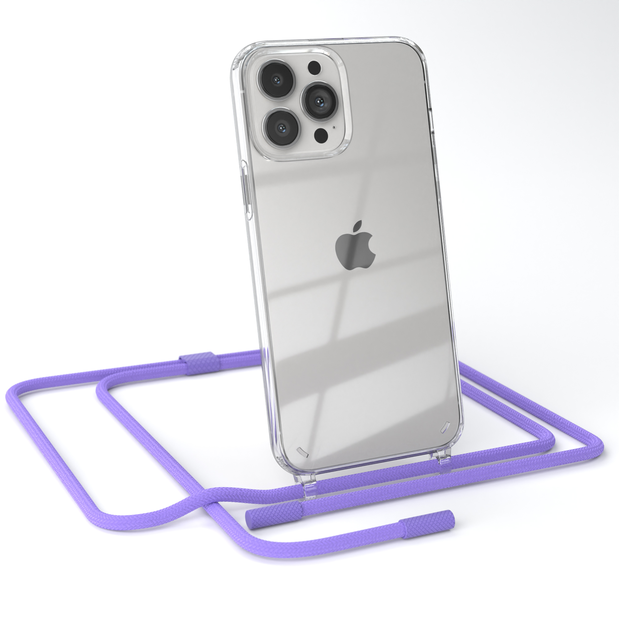 Transparente Handyhülle mit lila Umhängeband. Das Telefon ist transparent und zeigt das Apple-Logo.