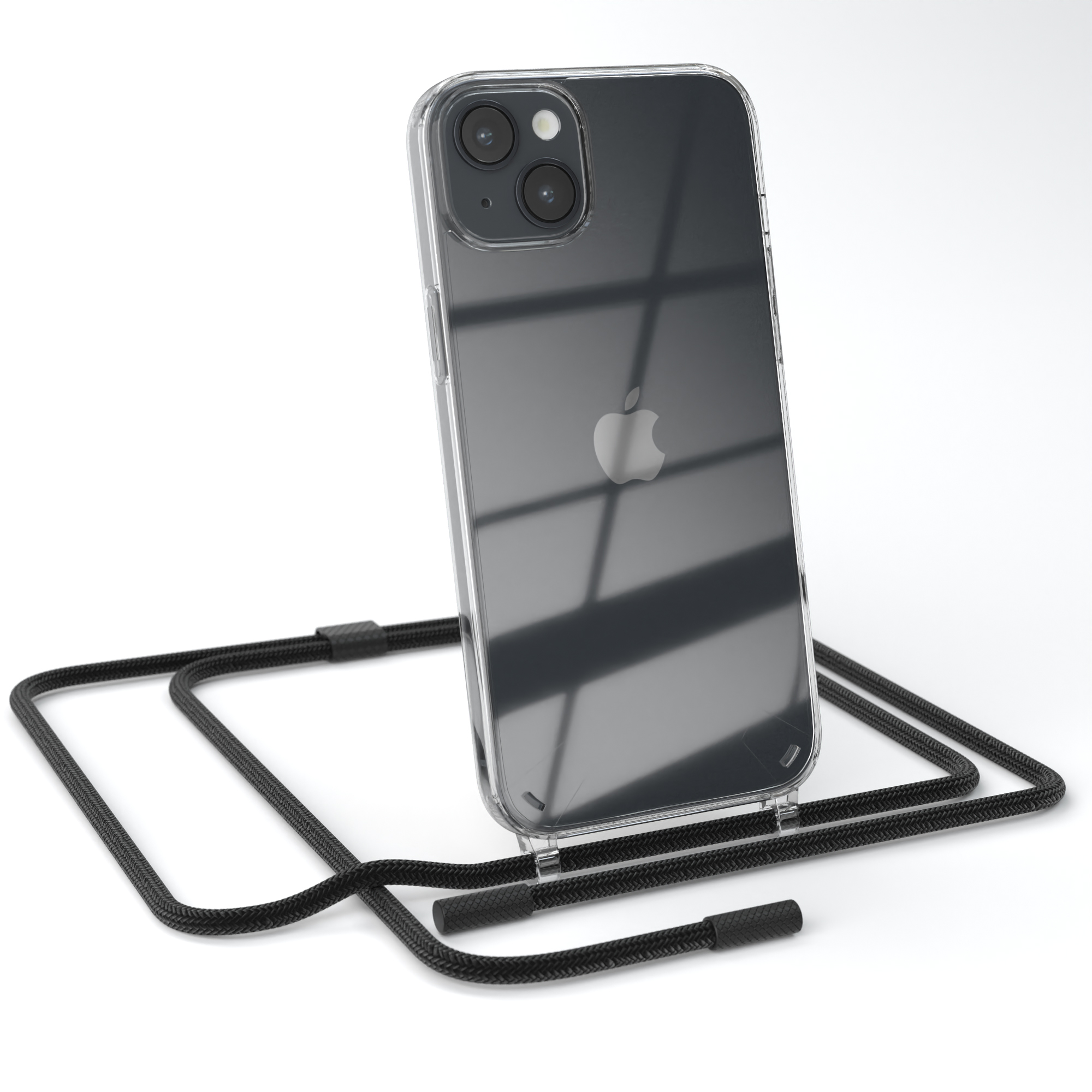 Klare Handyhülle mit schwarzem Kordel. Apple-Telefon ist in der Hülle.