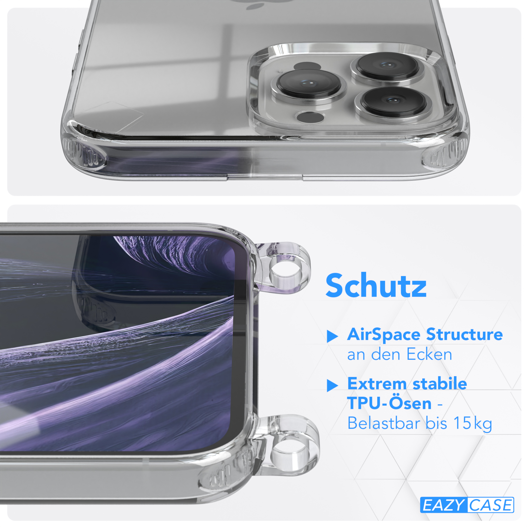 Transparente Handyhülle mit Telefon. Die Hülle hat Schutzecken.
