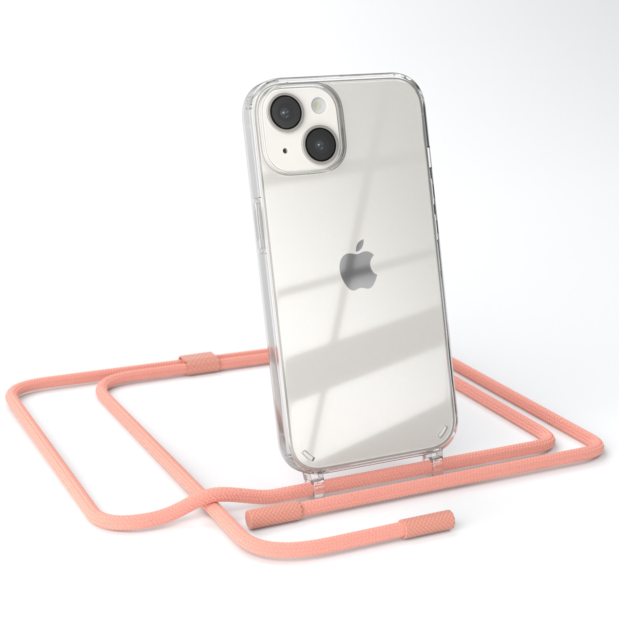 Transparente Handyhülle mit pfirsichfarbenem Gurt. Das Telefon hat eine Dual-Kamera.