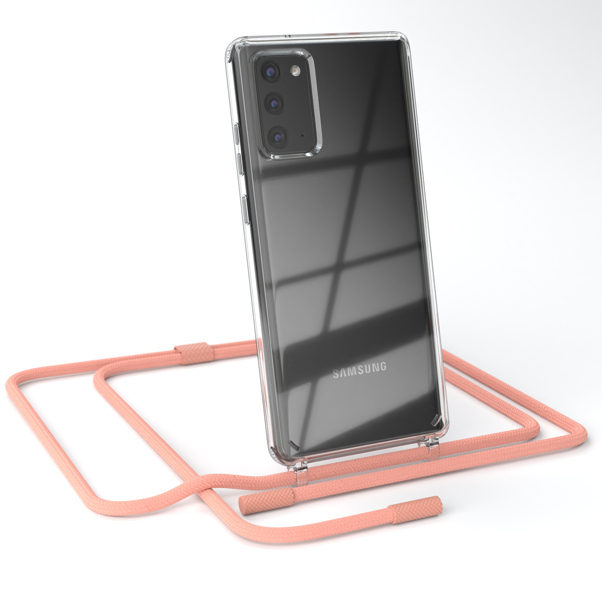 Eine transparente Handyhülle mit rosa Umhängeband, auf weißer Oberfläche.