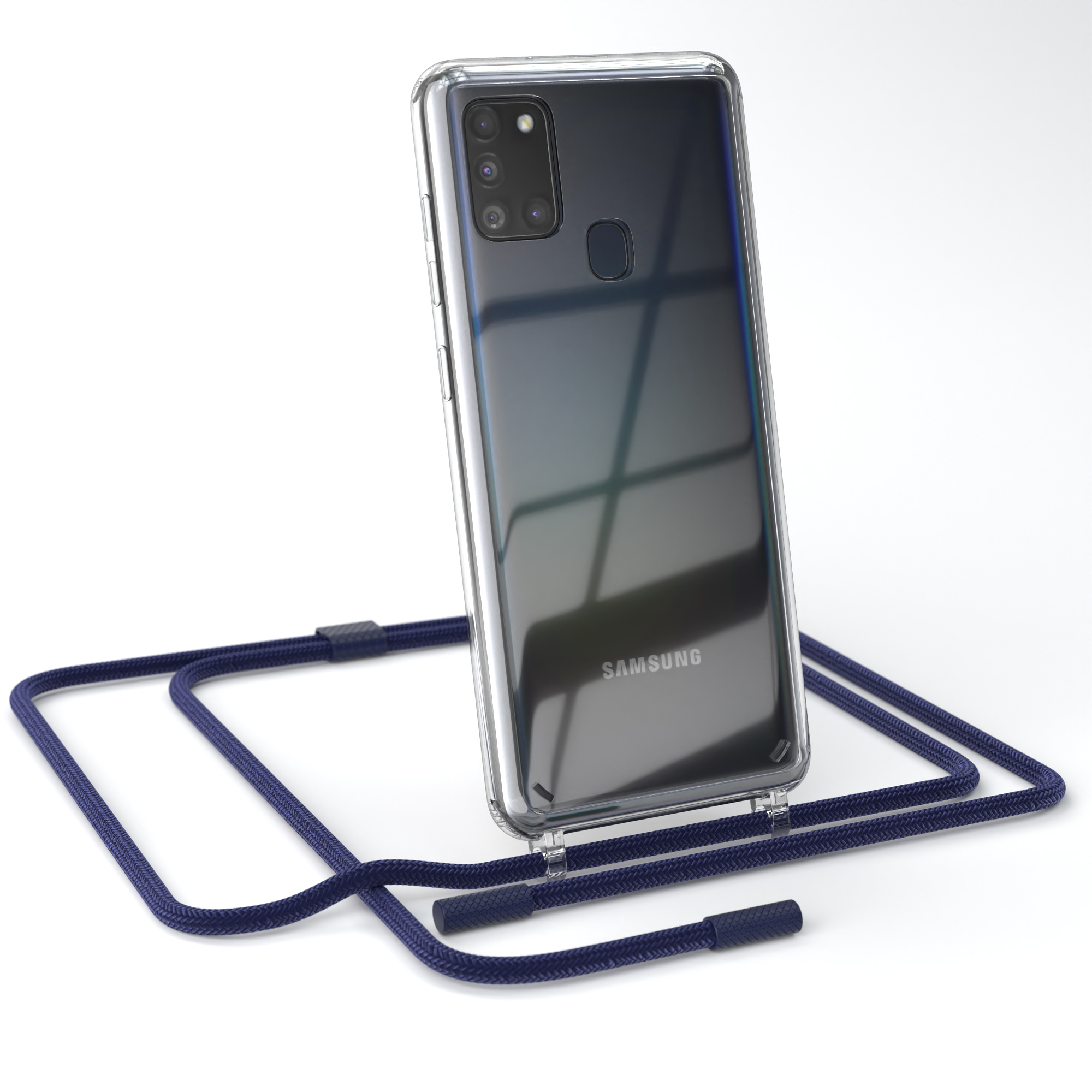 Transparente Handyhülle mit marineblauem Gurt. Das Telefon hat eine Dreifach-Kamera.