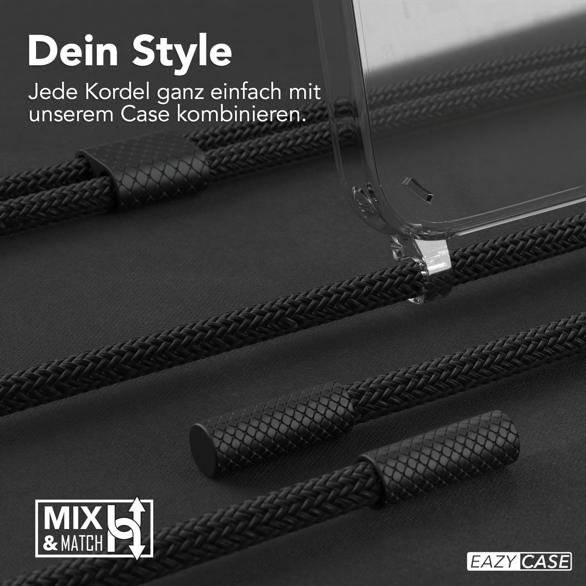 Nahaufnahme von schwarzen geflochtenen Kordeln und einer durchsichtigen Handyhülle mit dem Text 'DEIN STYLE'.