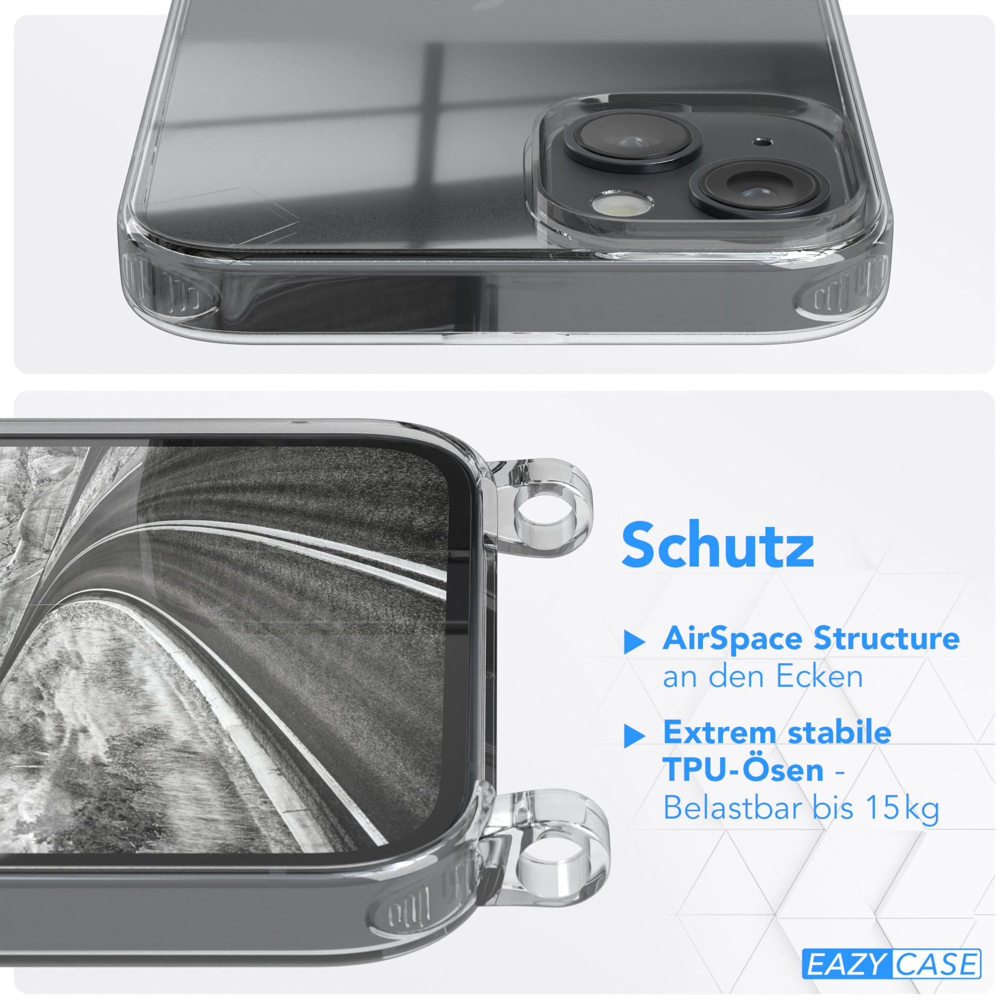 Eine transparente Handyhülle über einem Telefon. Der Text lautet 'Schutz', 'AirSpace Structure' und 'TPU-ösen'.