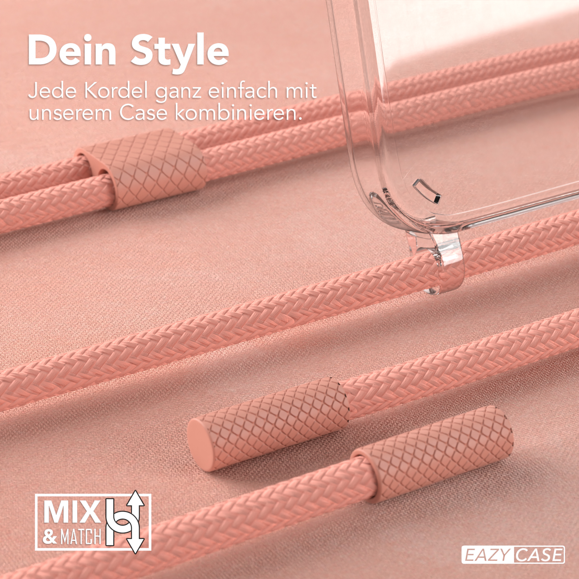 Nahaufnahme eines rosa Telefonkabels mit einer Hülle, die die Mix & Match-Funktion zeigt.