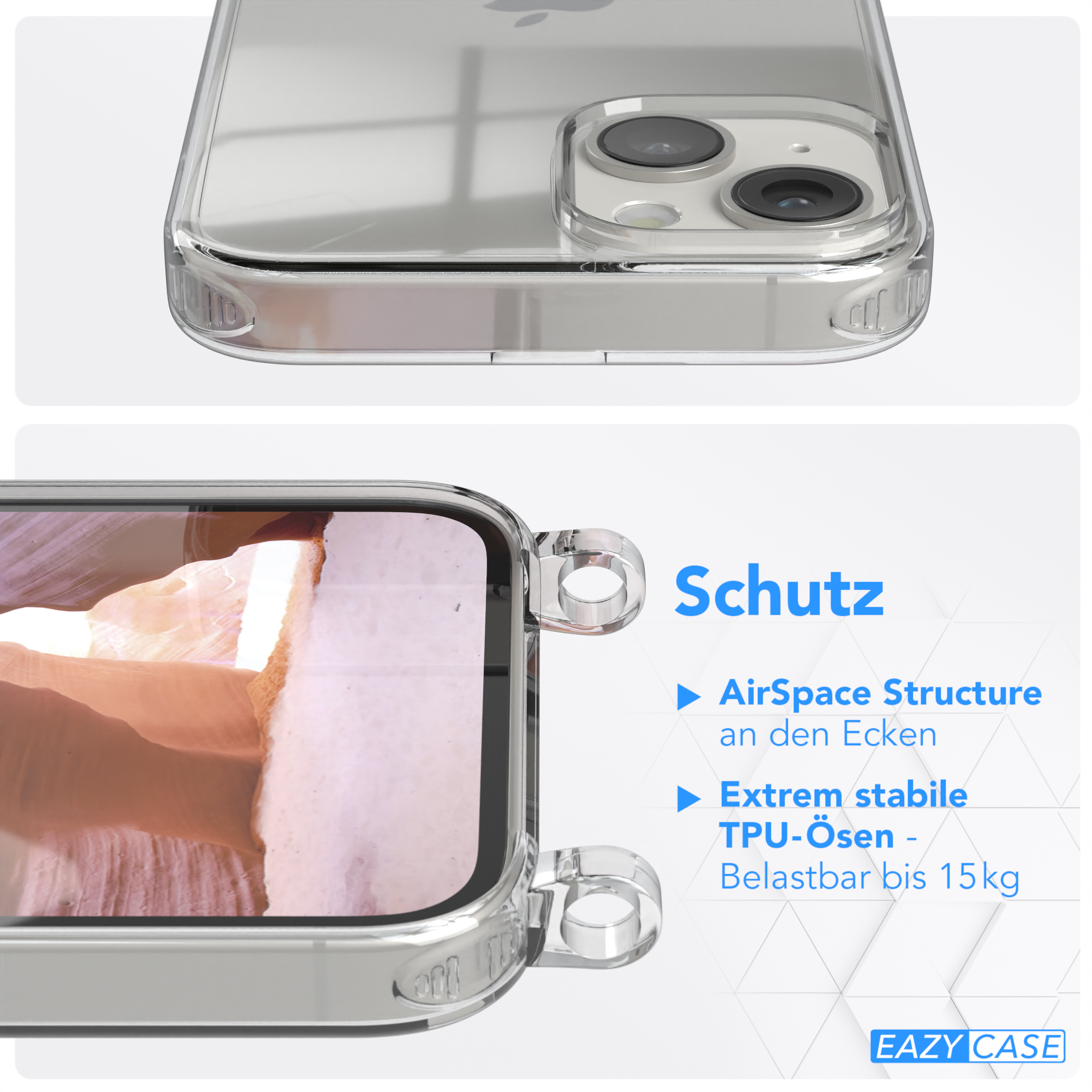 Eine transparente Handyhülle. Das Bild zeigt Details der Ecke und die Schutzfunktionen.