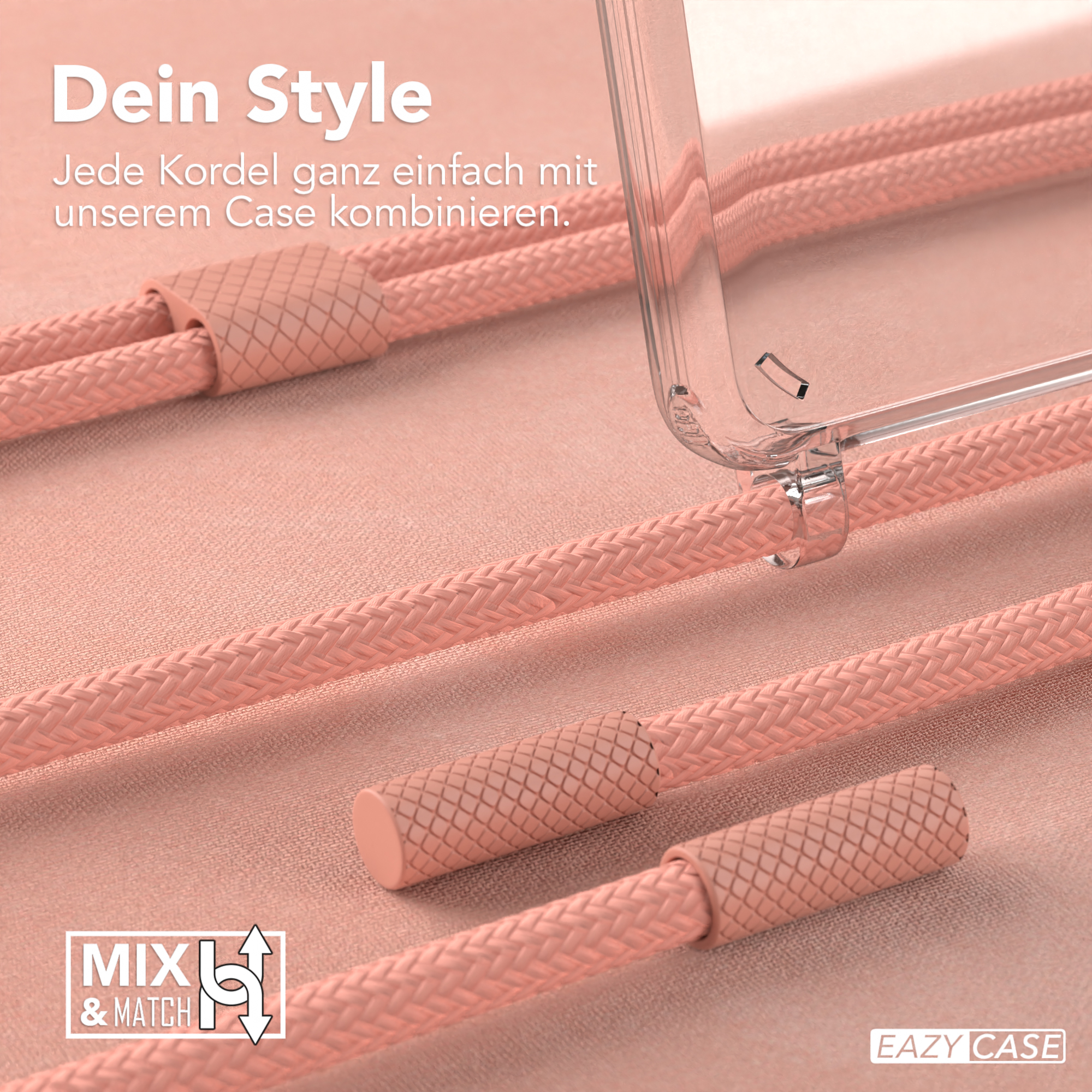 Rosa Kordel mit Handyhülle, mit den Worten: Mix and Match und der Marke Eazy Case.