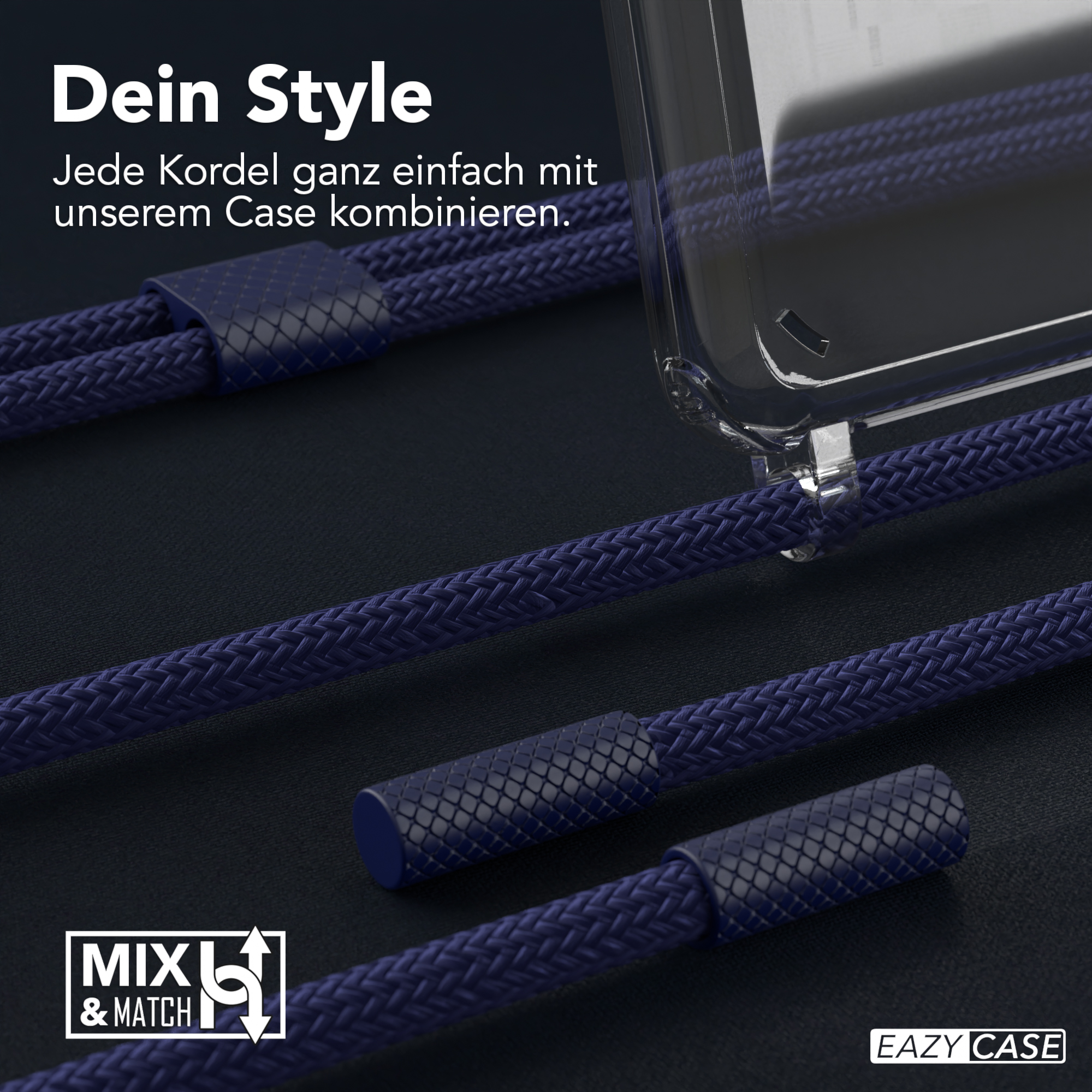 Nahaufnahme von blauen Telefonkordeln neben einer durchsichtigen Handyhülle. Text: „Dein Style“.