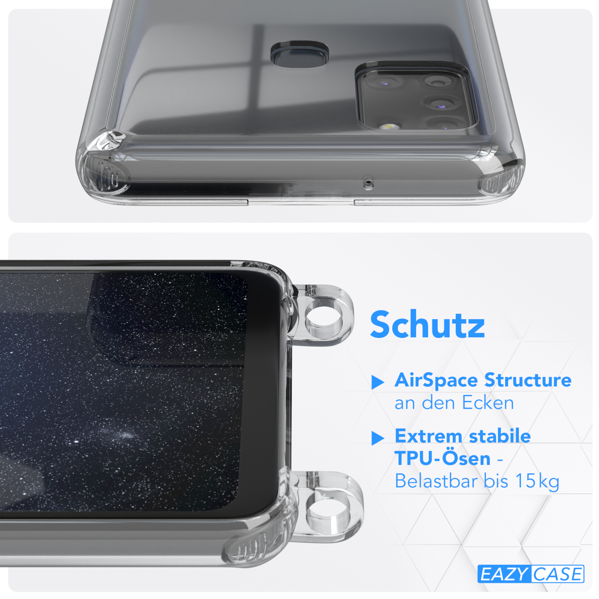 Transparente Handyhülle auf einem Telefon. Die Hülle hat Eckenschutz. Text auf der Handyhülle.