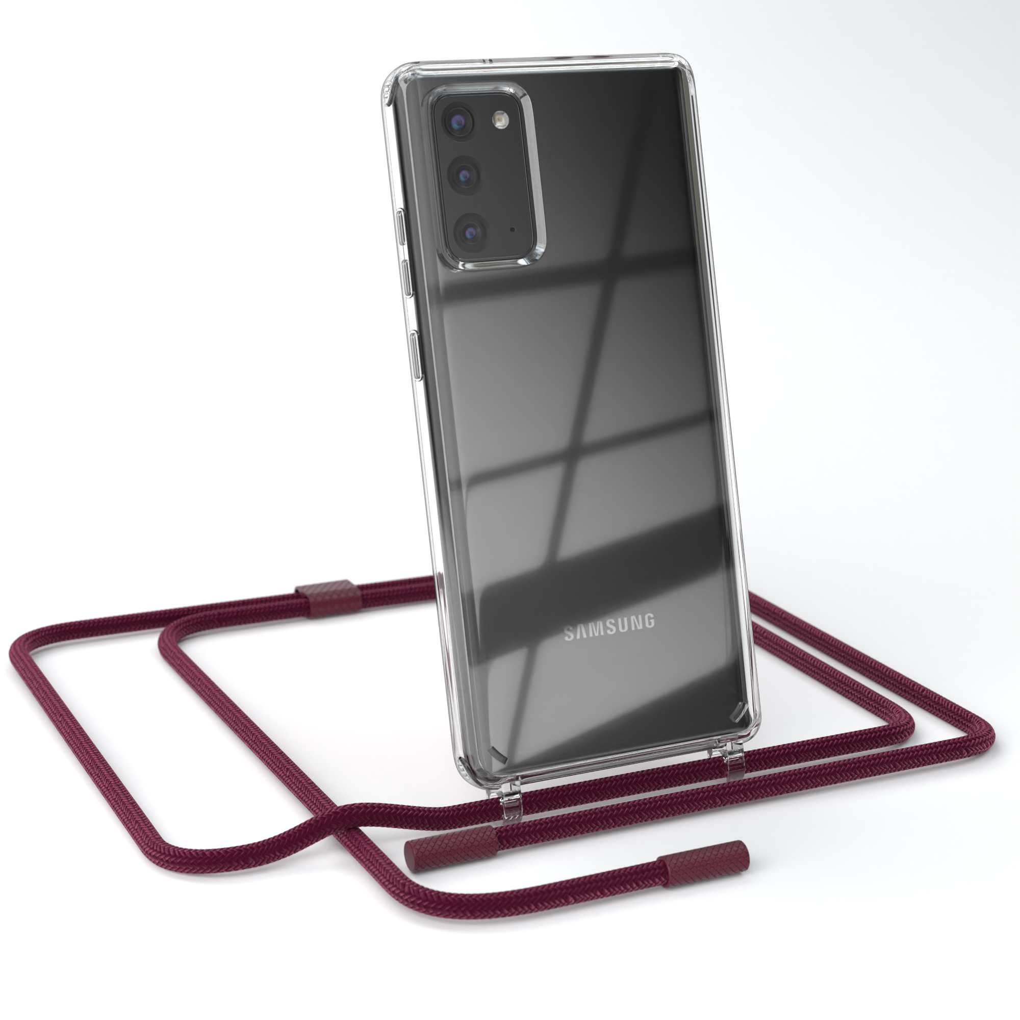 Transparente Handyhülle mit burgunderfarbenem Umhängeband, auf einem Telefon. Das Telefon ist schwarz.