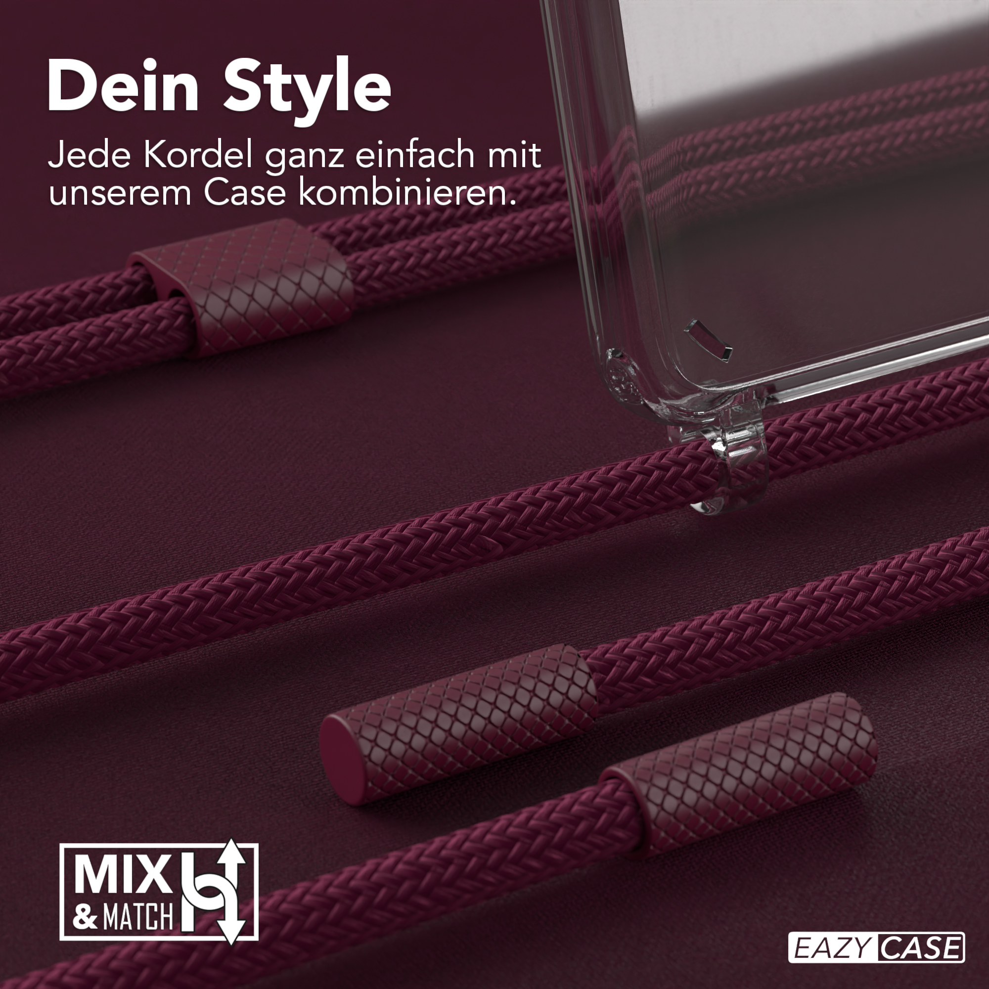 Nahaufnahme einer Handyhülle und eines Schlüsselbandes. Hülle ist klar mit rotem Schlüsselband.