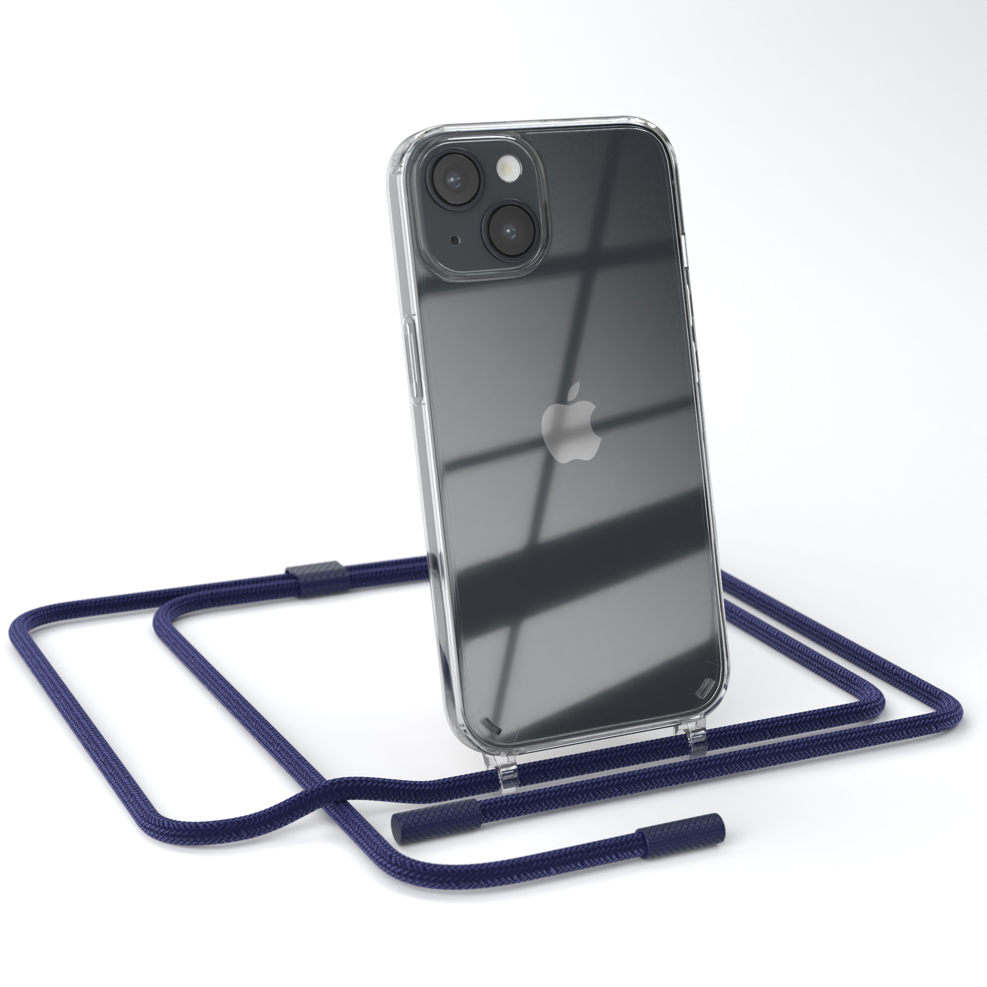 Transparente Handyhülle mit Handy und marineblauem Umhängeband auf Weiß. Doppelkam.