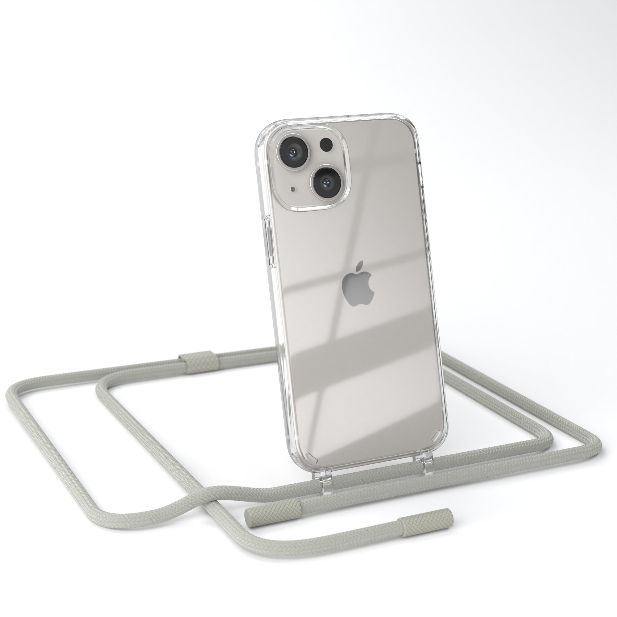 Transparente Handyhülle mit grauem Umhängeband und Telefon. Das Telefon hat zwei Kameras und das Apple-Logo.