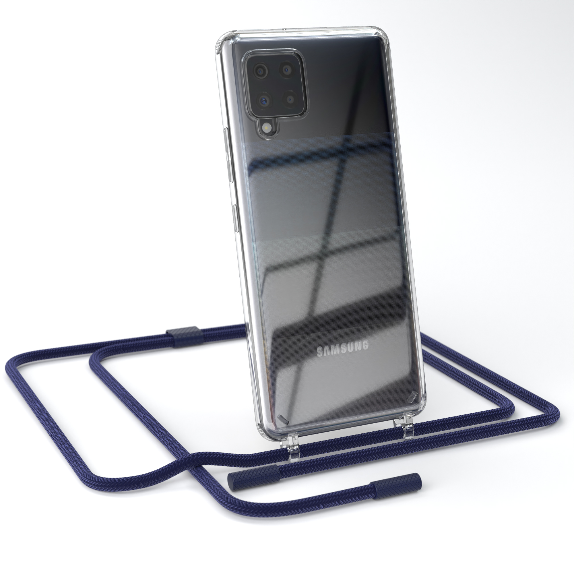 Klare Handyhülle mit blauem Band. Telefon ist schwarz, Hülle ist klar. Band ist dunkelblau.
