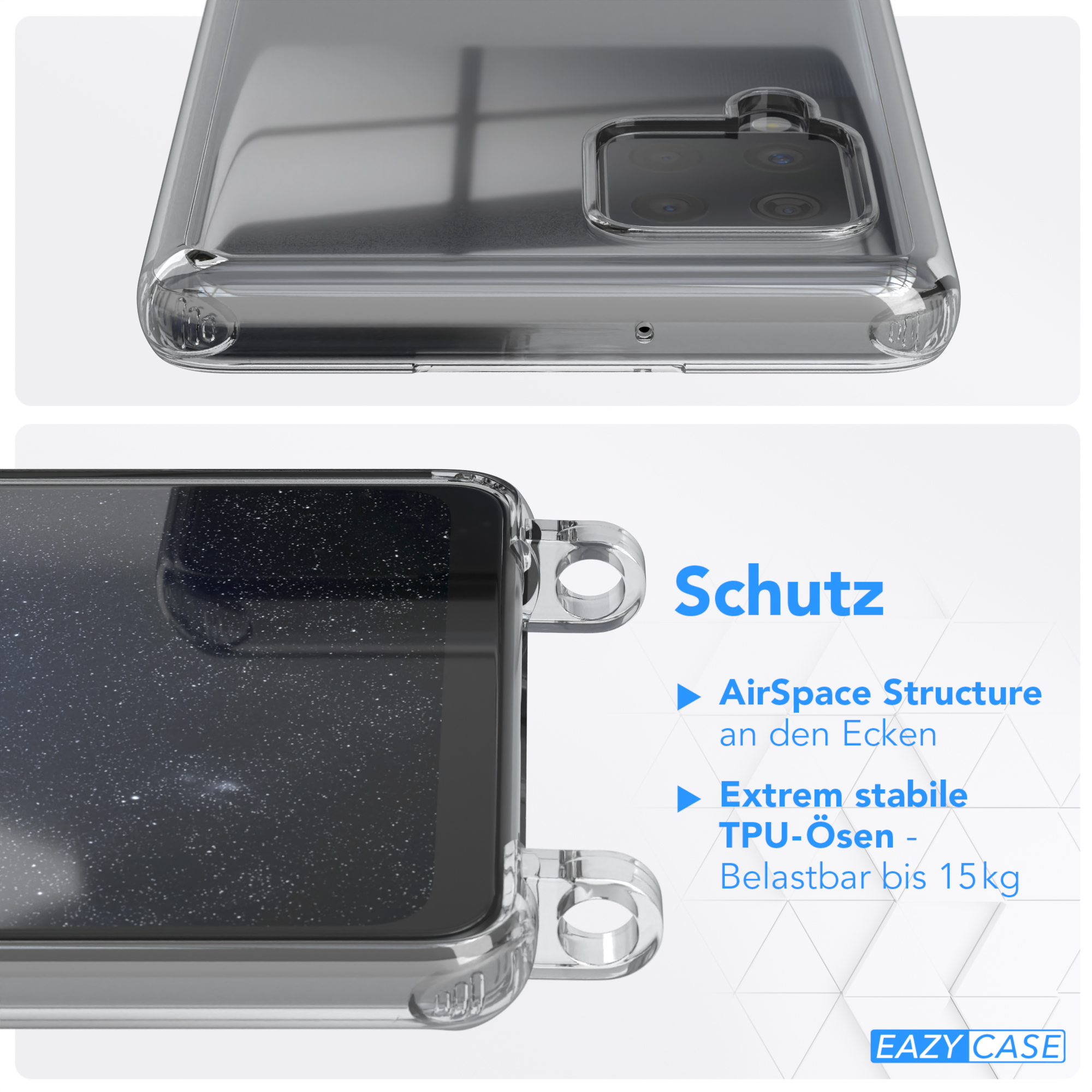 Galaxy mit Samsung, Nachtblau 5G, Dunkelblau unifarbend, EAZY Kette runder / Handyhülle CASE Umhängetasche, Transparente A42