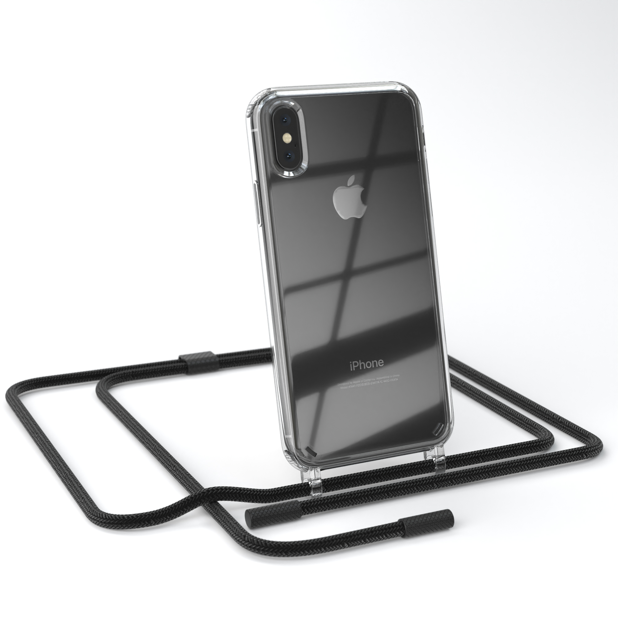 Transparente iPhone-Hülle mit schwarzer Kordel. Das Telefon ist in der Hülle.