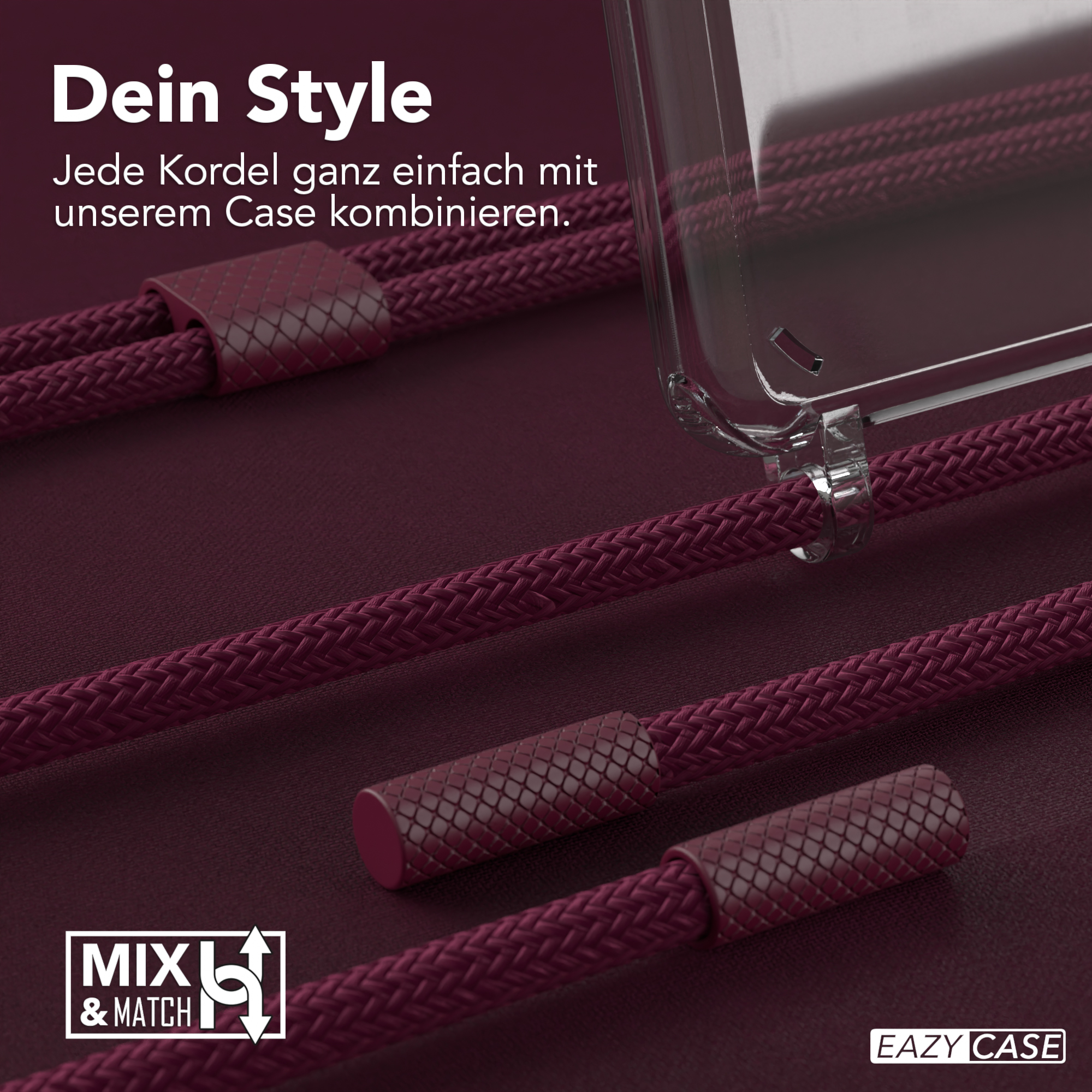Handyhülle mit bordeauxfarbenem Kordel, Nahaufnahme des Kordels und Logo. Dunkler Hintergrund.