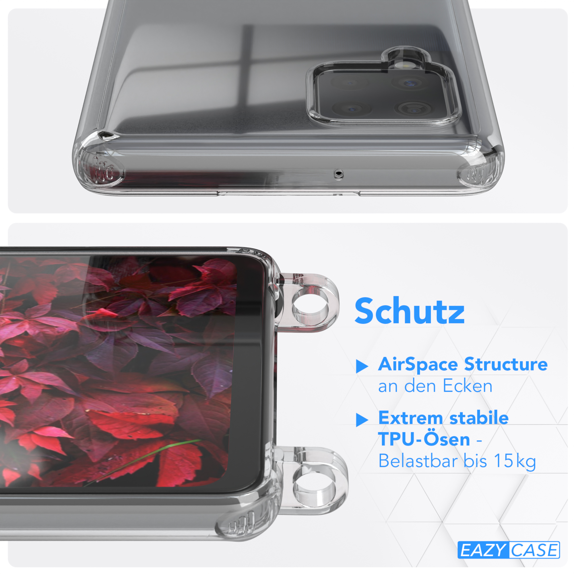 Transparente Handyhülle auf Telefon mit rotem Hintergrund. Text ist 'Schutz' und Funktionen.