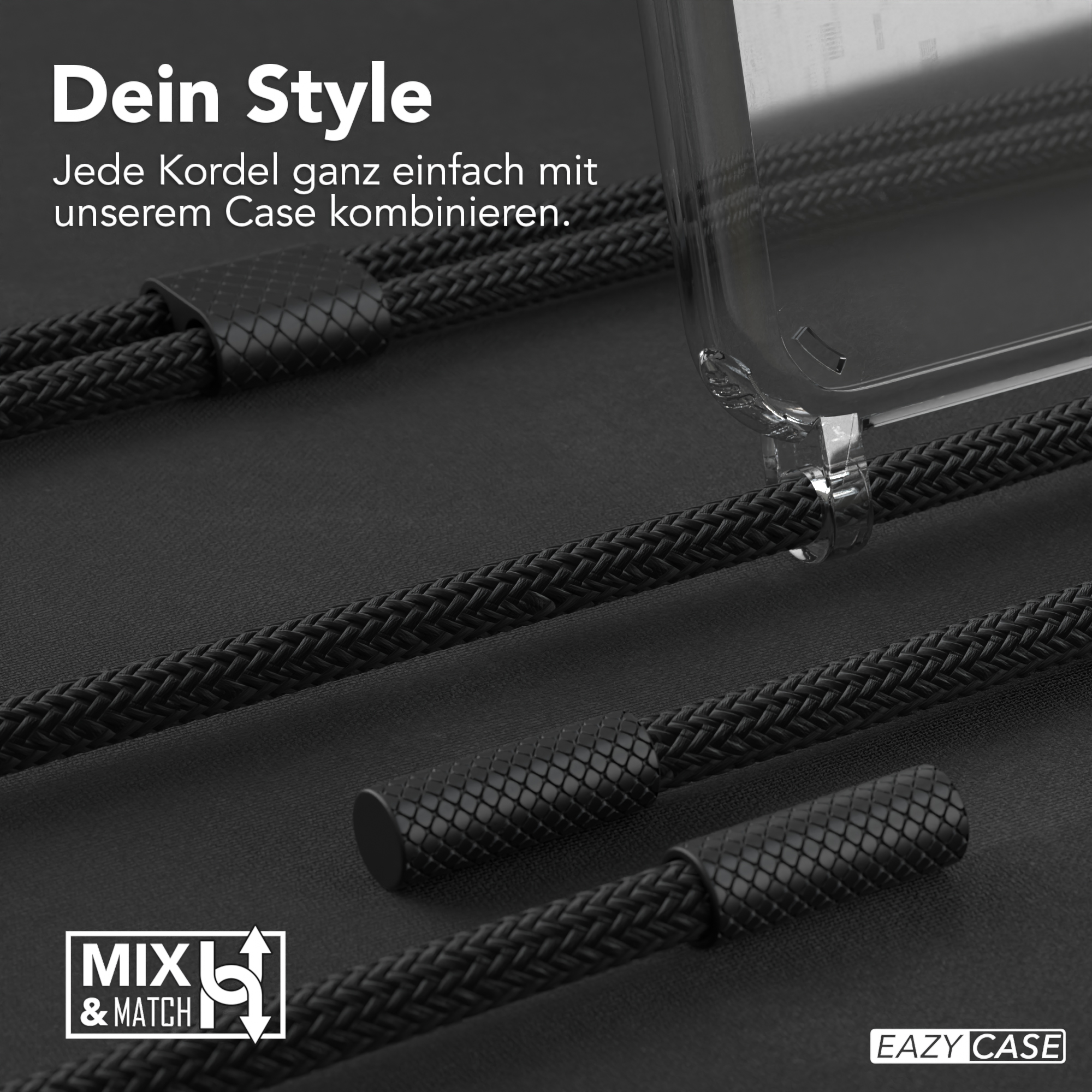 Schwarze geflochtene Handykordel mit transparenter Hülle. Schwarzer Hintergrund.