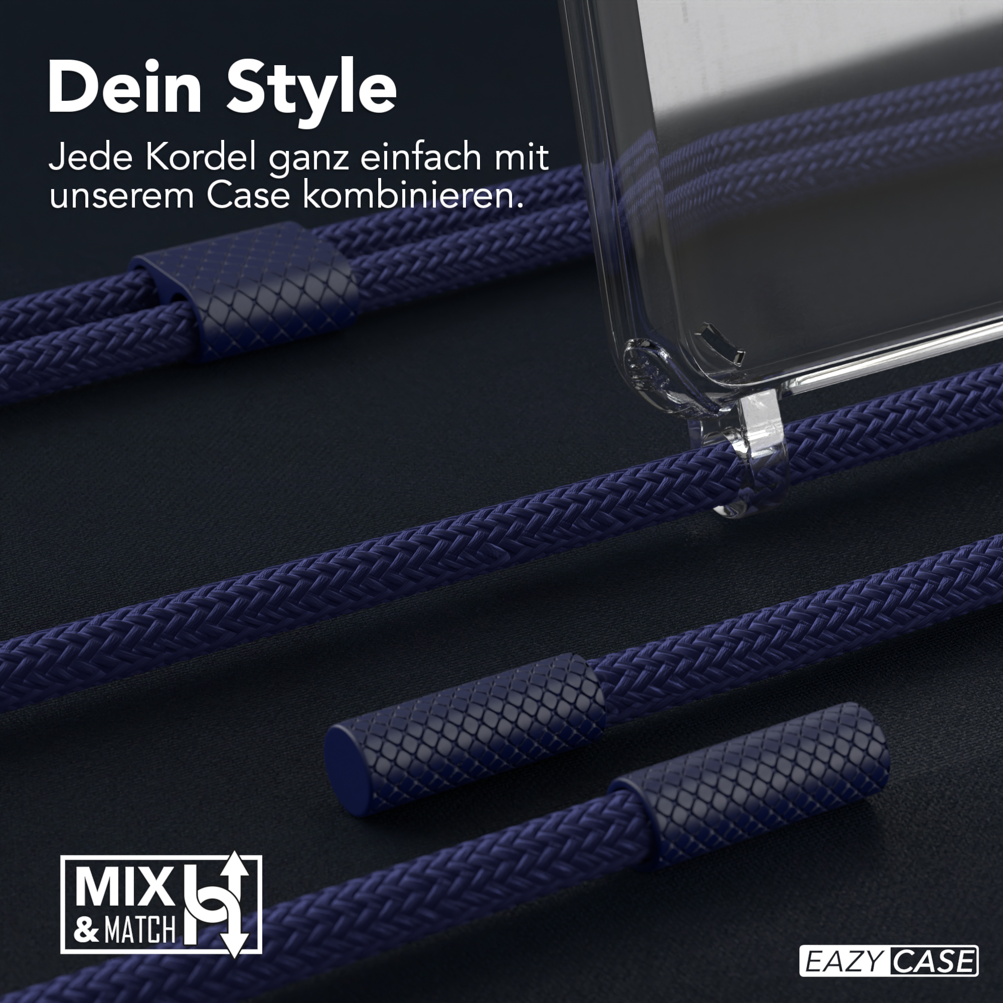 Nahaufnahme der Handyhülle mit blauen Kordeln. Text-Overlay sagt 'Dein Style' und 'MXL & MATCH'.