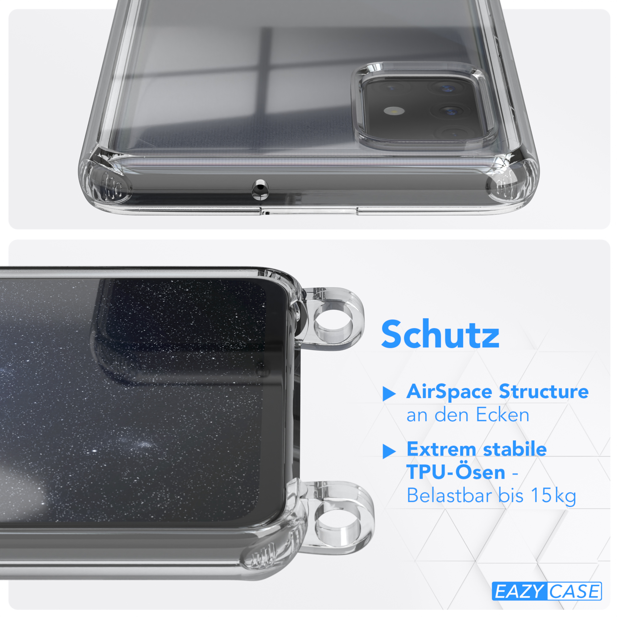 Transparente Handyhülle mit dunklem Innendesign. Text zu Funktionen steht rechts.