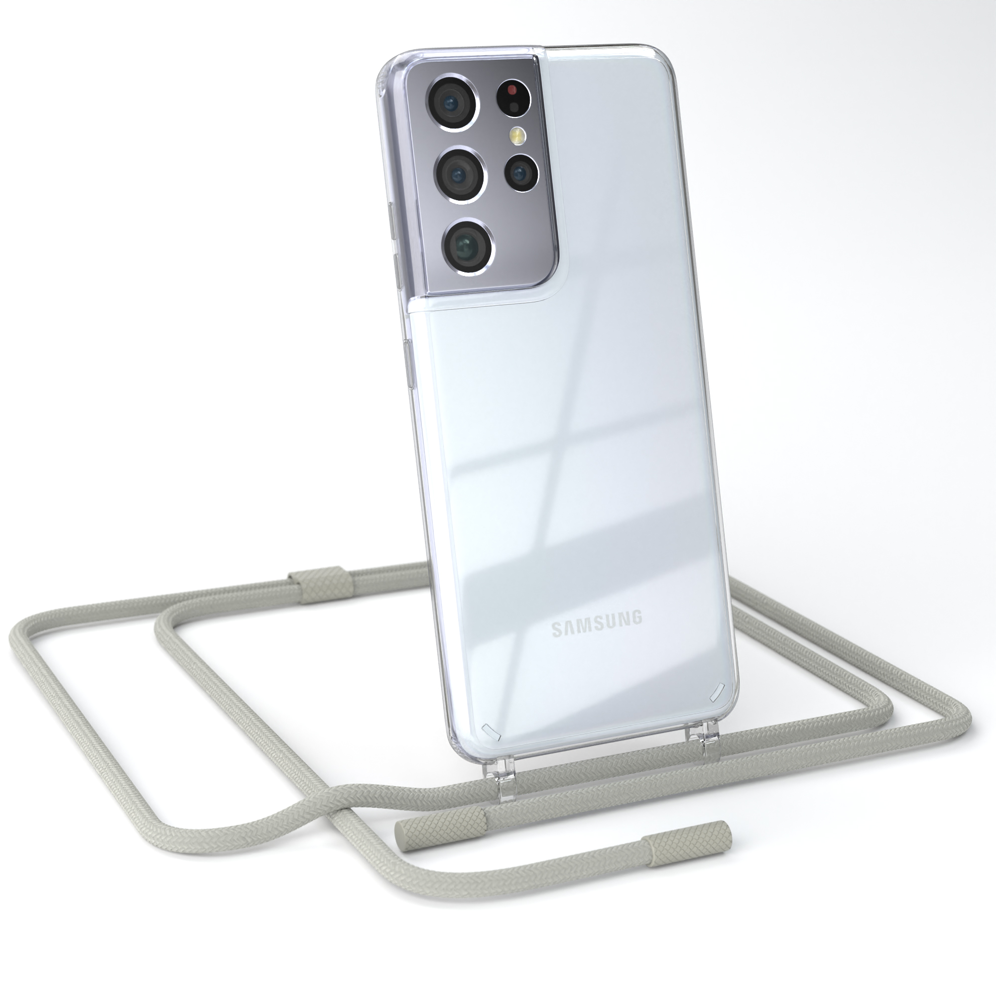 EAZY CASE Transparente Handyhülle Kette Samsung, S21 Ultra unifarbend, runder Beige 5G, Taupe / Umhängetasche, Grau Galaxy mit