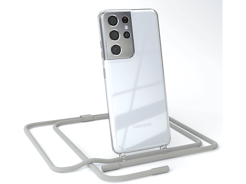EAZY CASE Transparente Handyhülle mit runder Kette unifarbend, Umhängetasche, Samsung, Galaxy S21 Ultra 5G, Beige Grau / Taupe