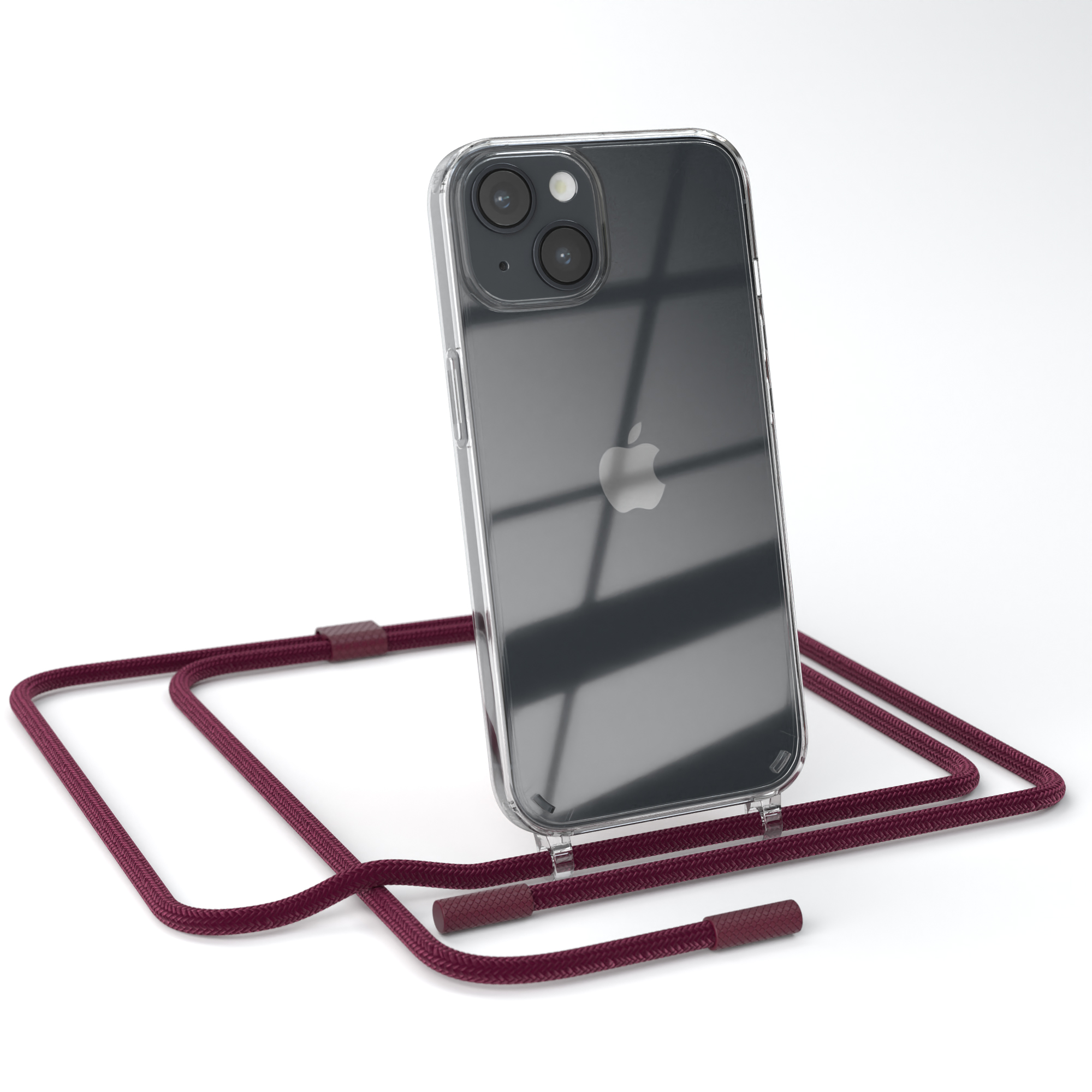 Transparente Handyhülle mit bordeauxfarbenem Umhängeband. Ein iPhone ist darin. Weißer Hintergrund.