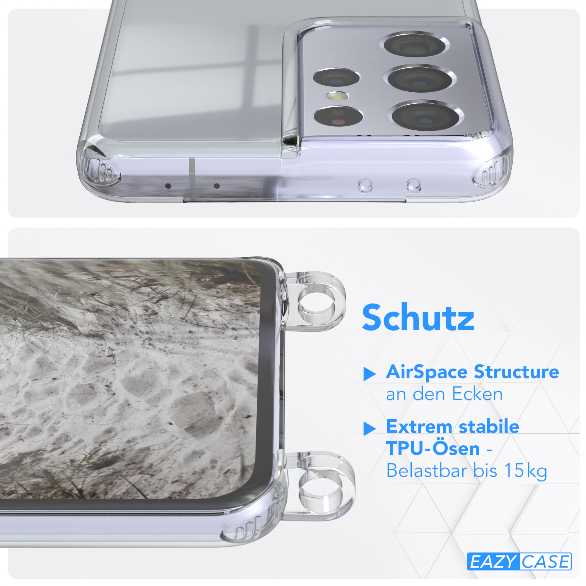 EAZY CASE Transparente Handyhülle mit Samsung, Umhängetasche, Taupe runder / unifarbend, Ultra S21 Galaxy 5G, Beige Grau Kette
