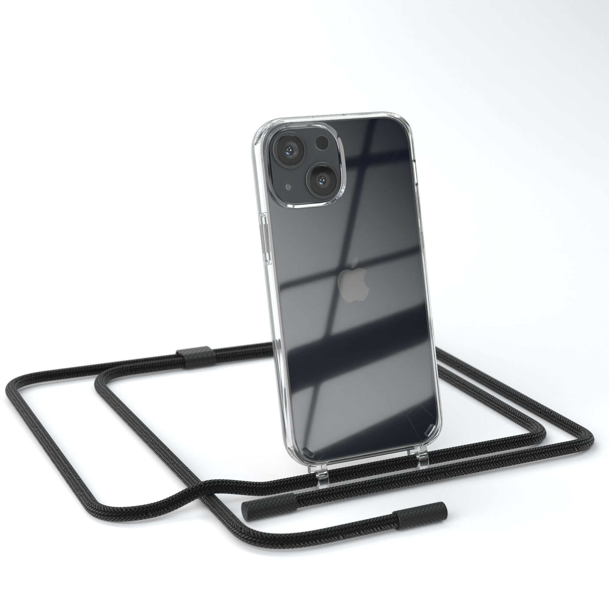 Eine transparente iPhone-Hülle mit einem schwarzen Kabel. Das Telefon hat einen schwarzen Bildschirm.