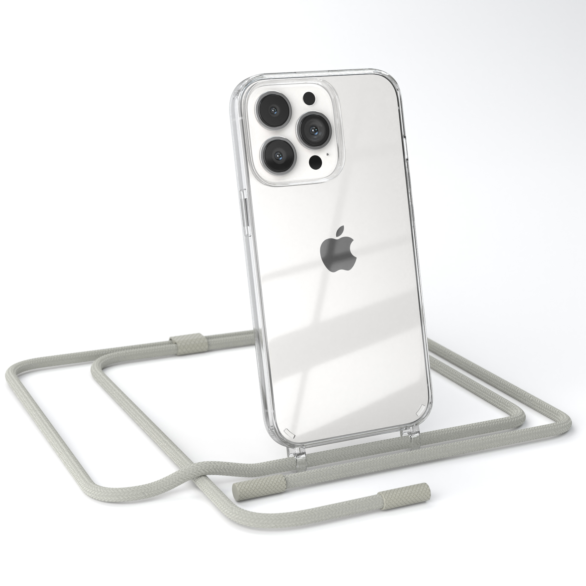 Transparente iPhone mit mehreren Kameras und grauem Band. Apple-Logo auf dem Telefon.