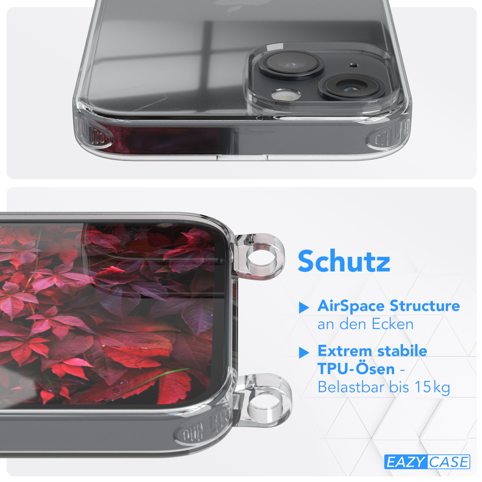 / 14, iPhone Kette EAZY Beere Bordeaux mit unifarbend, Handyhülle CASE Transparente Umhängetasche, Apple, runder Rot