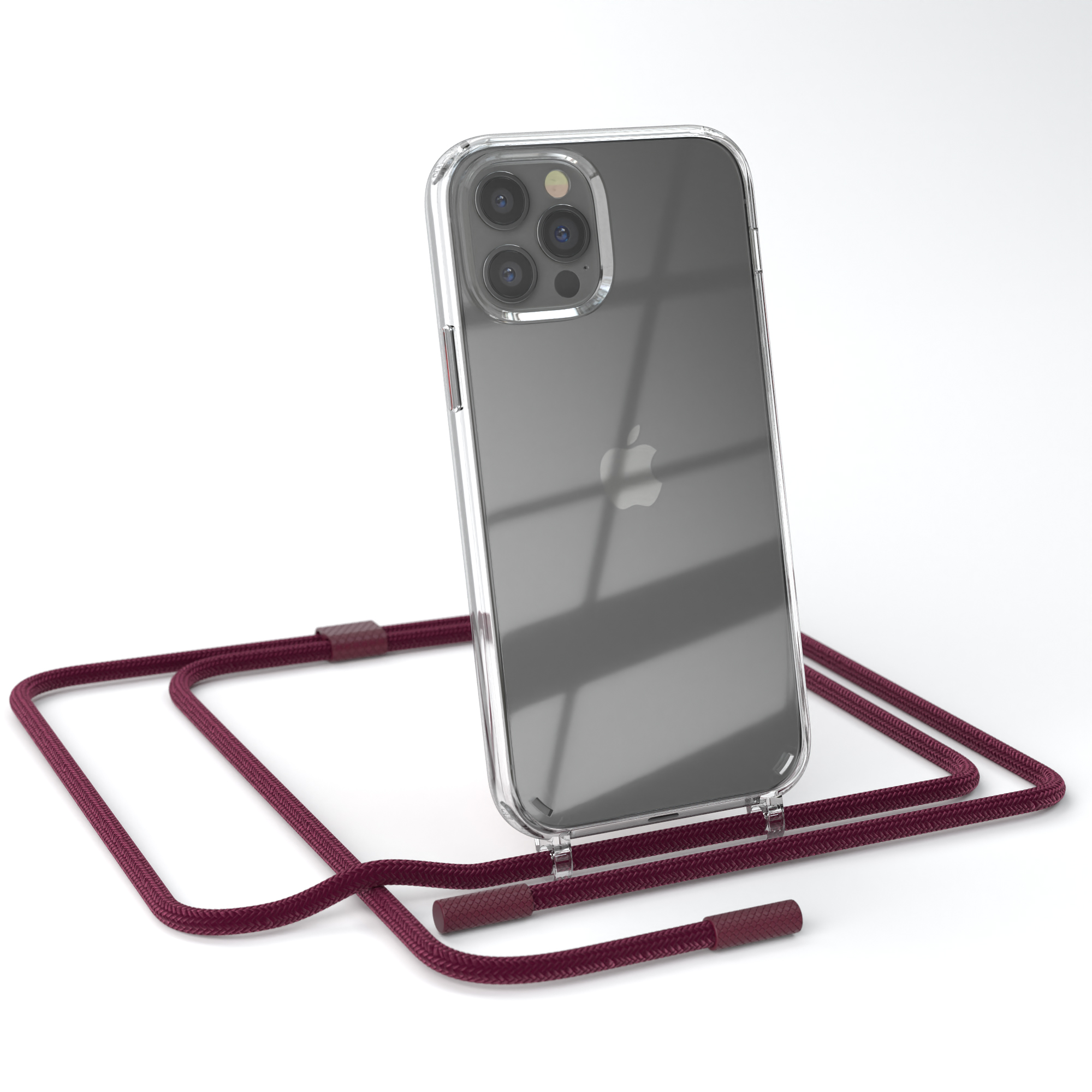 EAZY CASE unifarbend, Apple, iPhone runder Transparente Bordeaux Rot / Beere Umhängetasche, Handyhülle 12 12 mit Kette / Pro