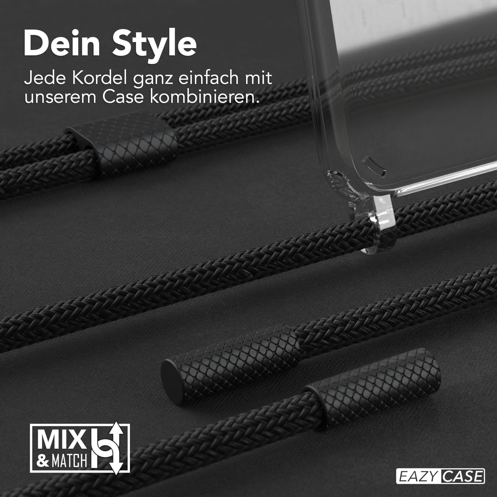 Schwarze Kordel-Handyhülle mit schwarzen Kordeln. Text: 'Dein Style.' 'Mix & Match' Logo.