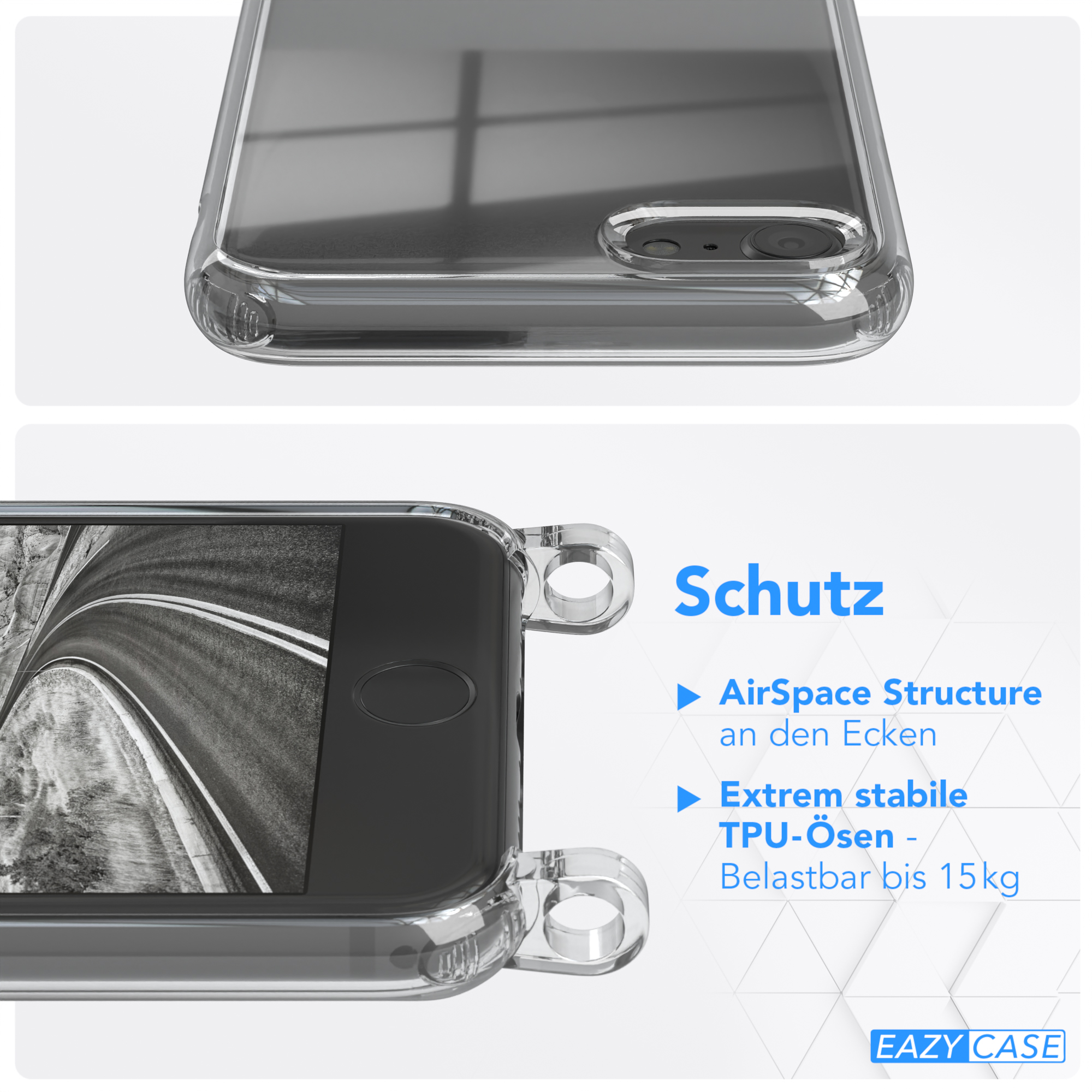 Klare Handyhülle auf einem Handy. Text rechts: Schutz, AirSpace Structure und Extrem stabile.